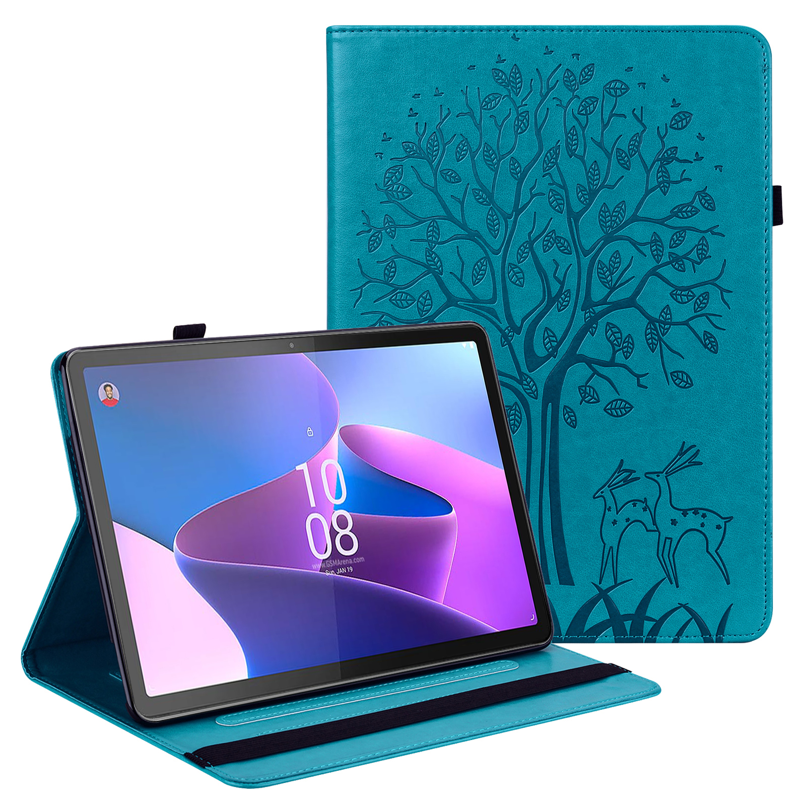

PU Lederhülle Für Lenovo Tab P11 Gen 2 Schutzabdeckung Baumhirschgedruckter Standhülle Mit Kartensteckplätzen - Blau, Lenovo Tab P11 Gen 2