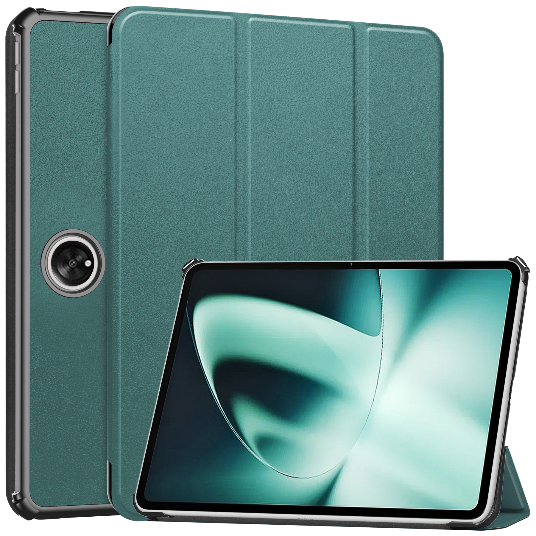 

Für OnePlus Pad Tri-fold Stand Tablet Case Auto Wake / Schlaftafel Lederabdeckung - Schwarzgrün, OnePlus Pad