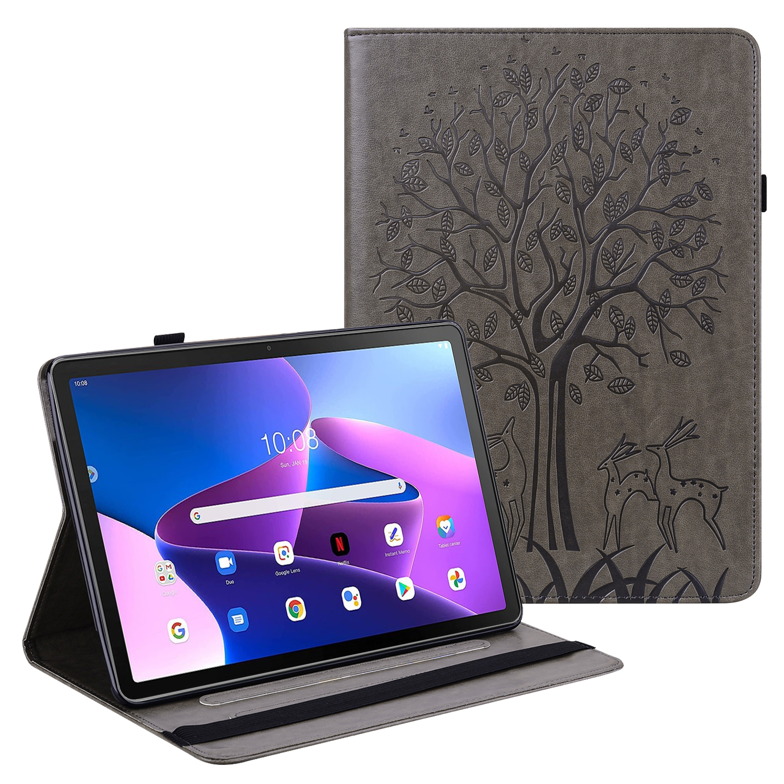 

Für Lenovo Tab M10 (Gen 3) PU Lederkartenhalter Tablet Case Tree Deer Imponed Stand Cover Cover - Grau, Lenovo Tab M10 (Gen 3)