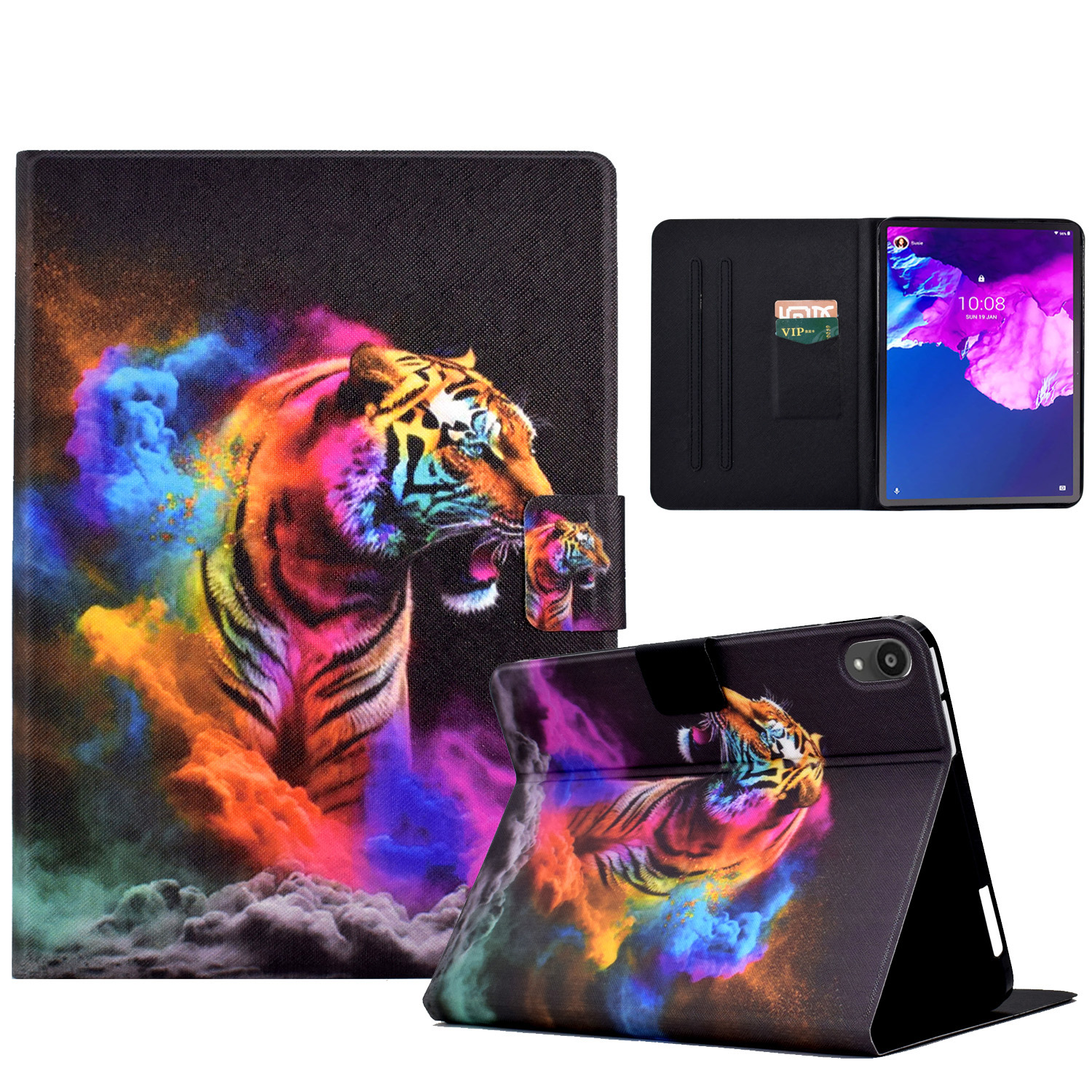 

PU -lederabdeckung Für Lenovo Tab P11 (J606F) Fallmuster Gedruckter Tablet -protektor Mit Ständer / Kartensteckplätze - Buntes Tiger, Lenovo Tab P11