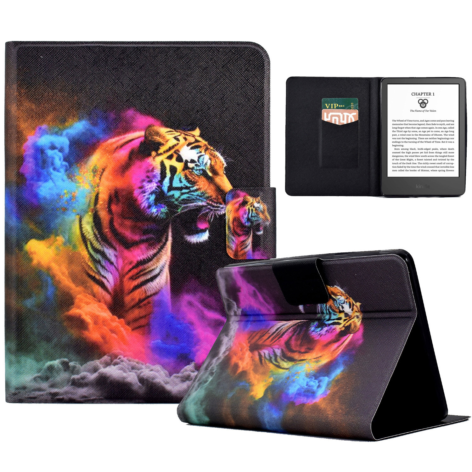 

Muster Bedruckte Lederabdeckung Für Amazon Kindle 11. Generation (2022) Hülle Anti-droge-tablet-abdeckung Mit Kartenhalter - Buntes Tiger, Amazon Kindle 11th Gen (2022)