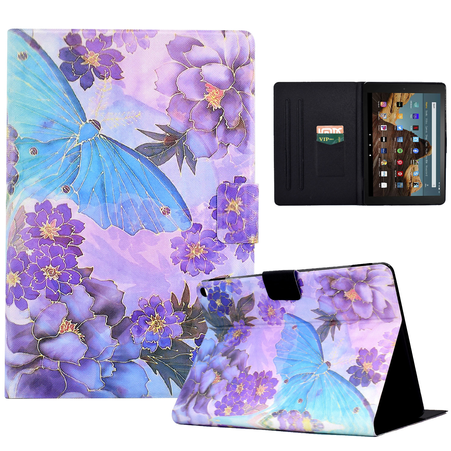 

Für Amazon Fire HD 10 (2021) / HD 10 Plus (2021) Lederabdeckungsmuster Gedrucktes Anti-kratzer-tablet-hülle Mit Kartensteckplätzen - Pfingstrosen Schmetterling, Amazon Fire HD 10 (2021)