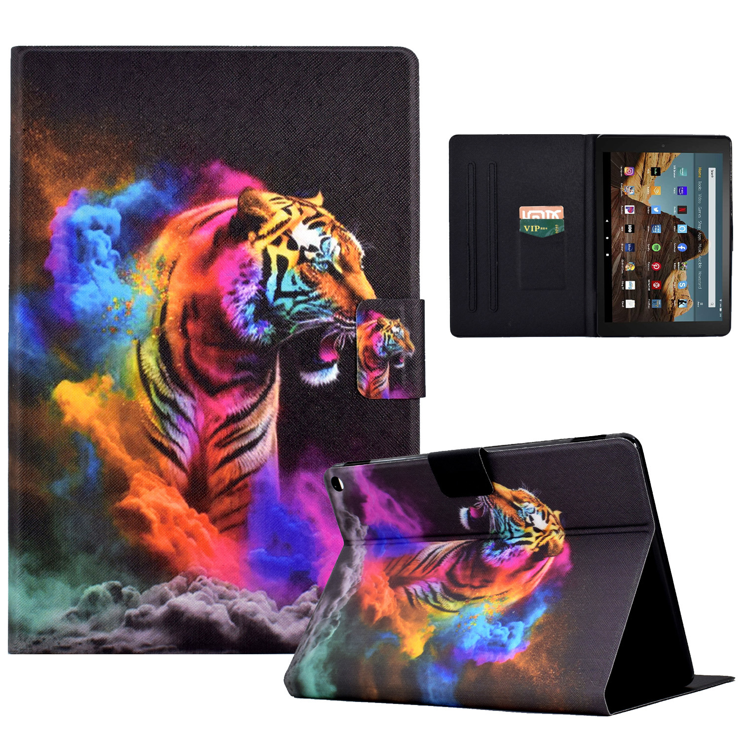 

Für Amazon Fire HD 10 (2021) / HD 10 Plus (2021) Lederabdeckungsmuster Gedrucktes Anti-kratzer-tablet-hülle Mit Kartensteckplätzen - Buntes Tiger, Amazon Fire HD 10 (2021)