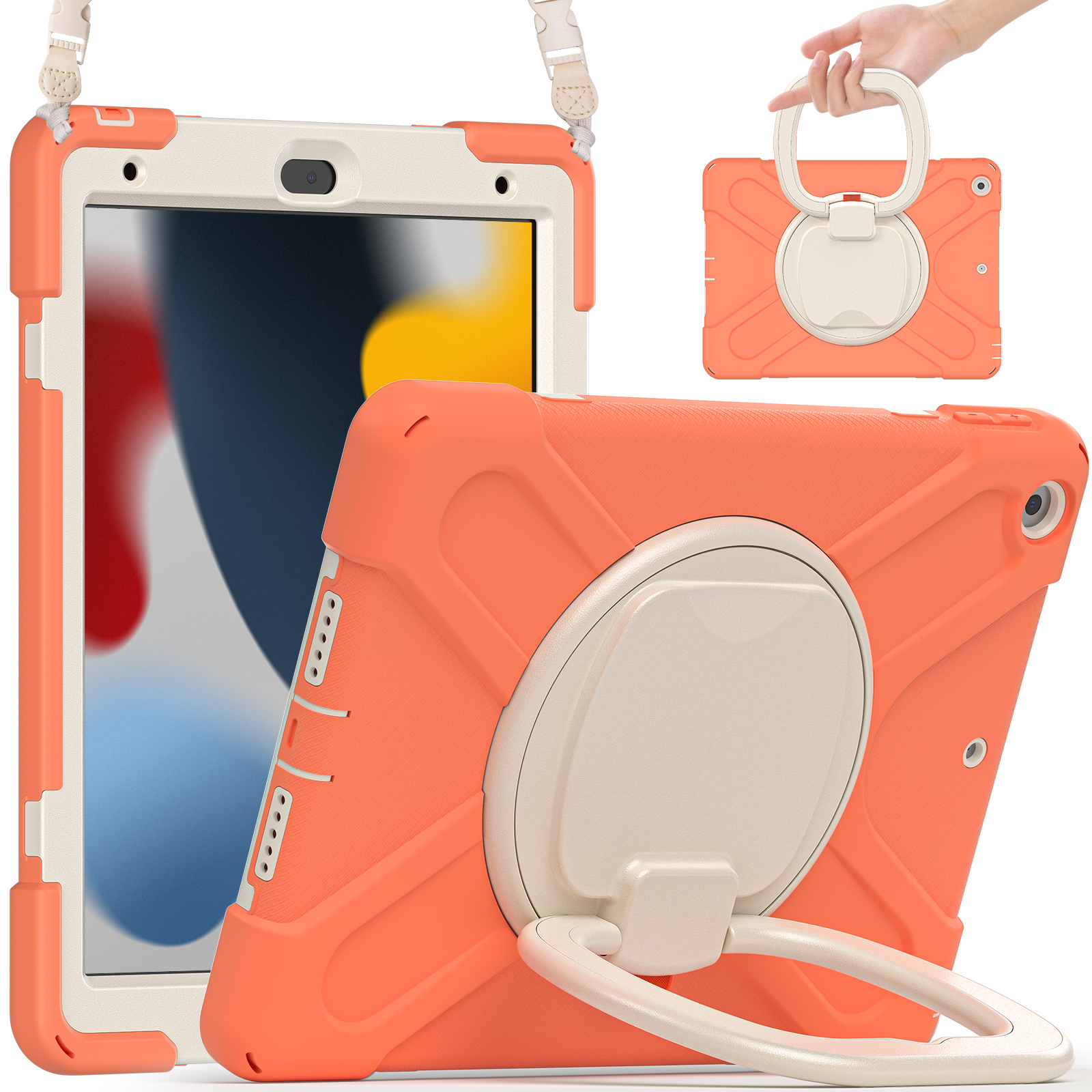 

Für Das Ipad 10.2 (2021) /(2019) /(2020) Handgriff Rotary Kickstand Tablet Case Pc+silikon -tablet -tablet -abdeckung Mit Schultergurt - Korallenorange, iPad 10.2 (2021)