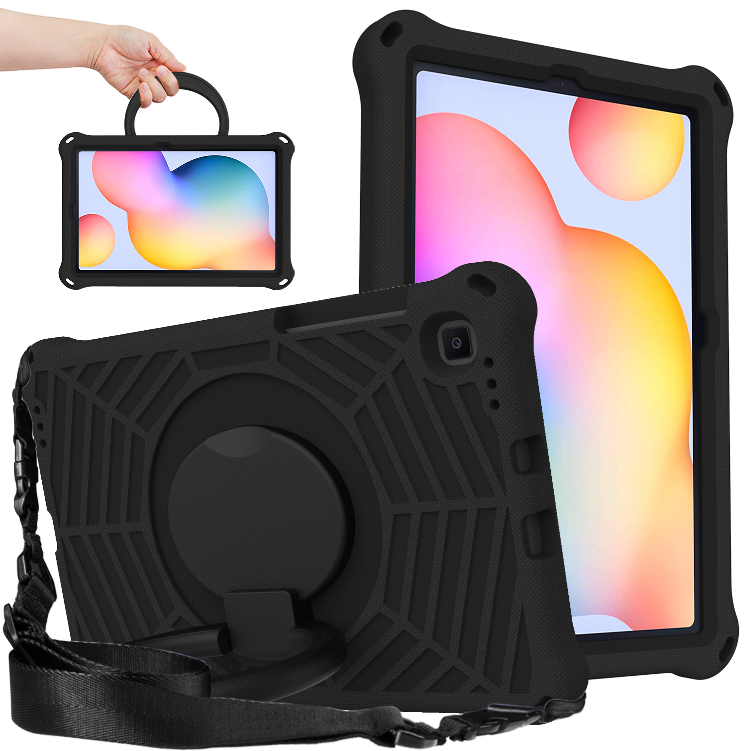 

Für Samsung Galaxy Tab S6 Lite (2020) SM-P610 P615 /(2022) Kickstand EVA +PC Tablet Case Spider-webtexturabdeckung Mit Schultergurt - Schwarz, Galaxy Tab S6 Lite