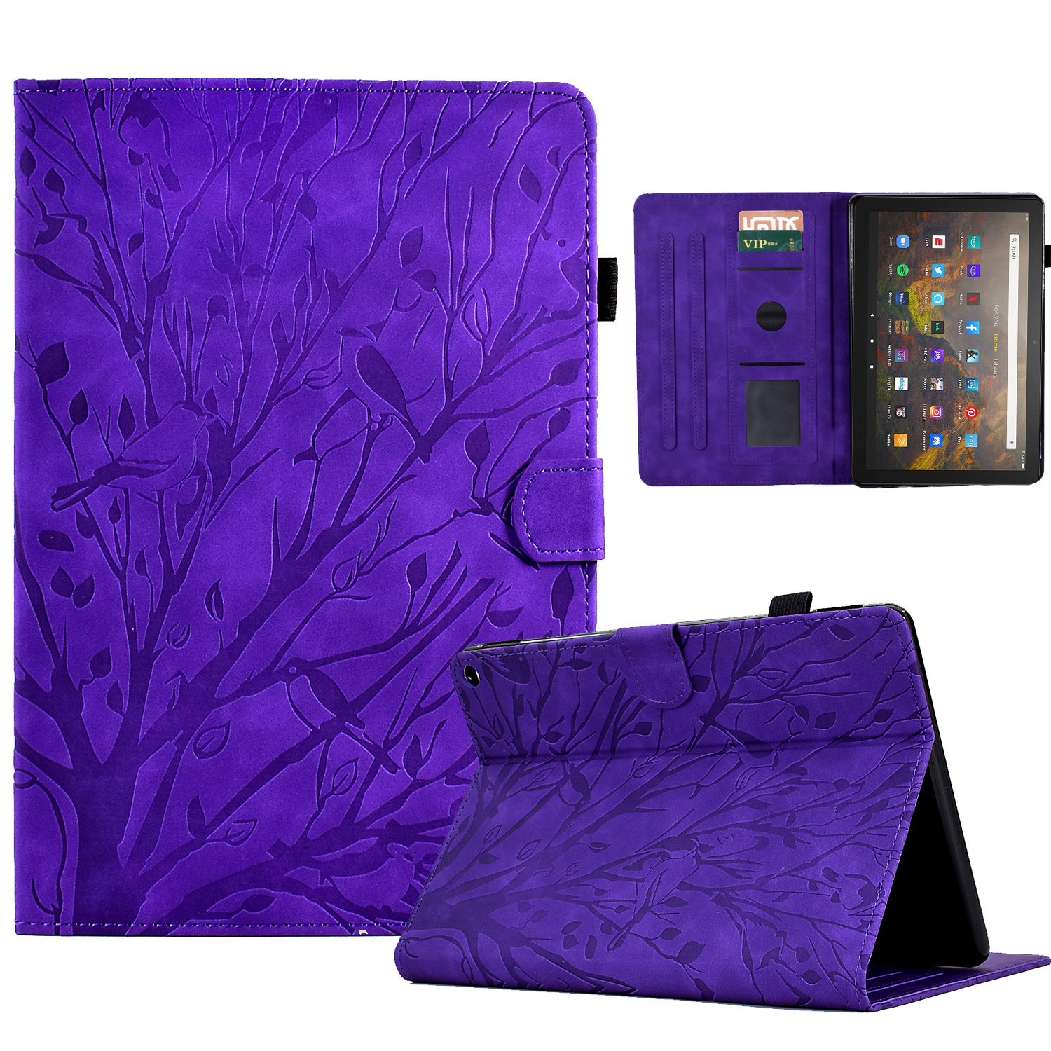 

Für Amazon Fire HD 10 (2021) / HD 10 Plus (2021) Kartenhalter Tablet Hülle PU Leder Eingeprägter Baumständer Cover - Lila, Amazon Fire HD 10 (2021)