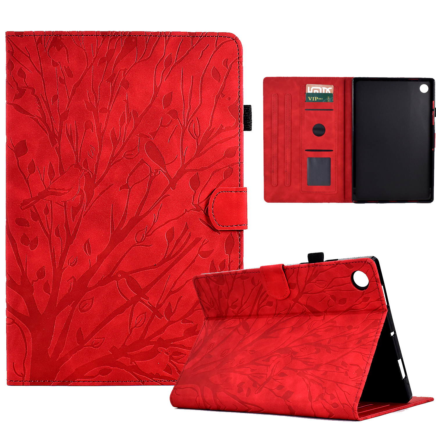 

Für Samsung Galaxy Tab A8 10.5 (2021) X200 X205 /(2022) Standtablette Hülle Lederkartenhalter Eingeprägter Baumabdeckung - Rot, Galaxy Tab A8 10.5 (2021)