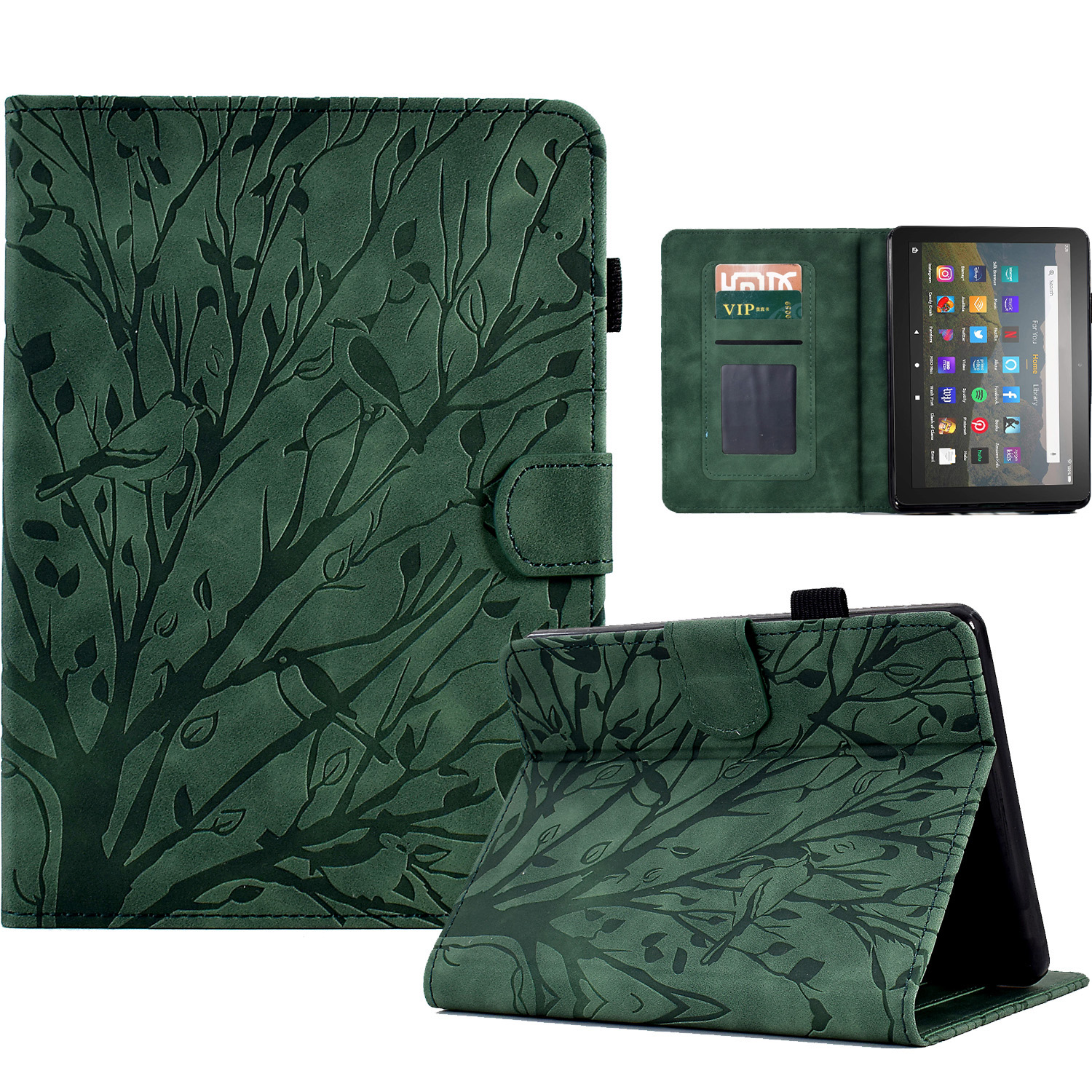 

Für Amazon Kindle Paperwhite 5 (2021) Geprinziertes Baumleder -tablet -kartentafel Tablet Stand Cover - Grün, Amazon Kindle Paperwhite 5 (2021)