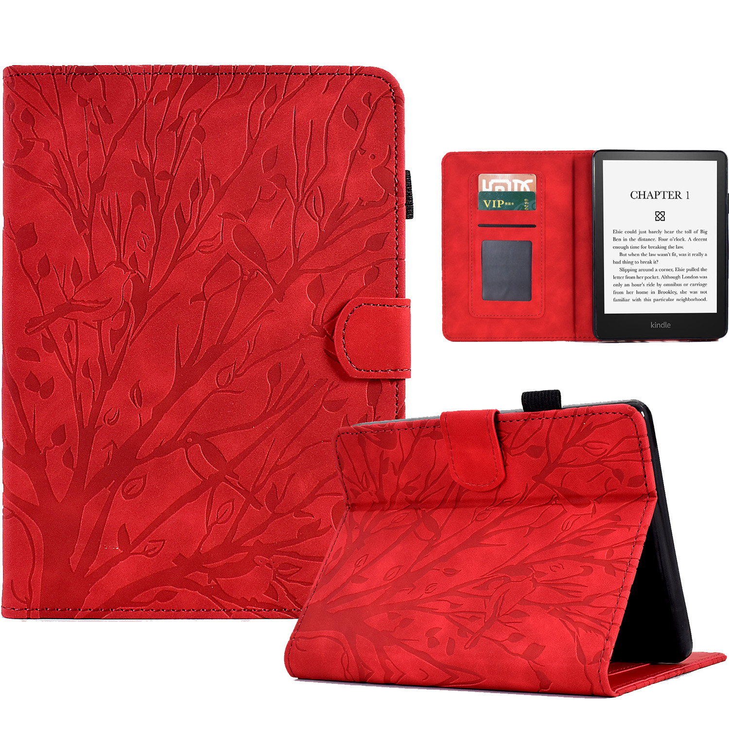 

Für Amazon Kindle Paperwhite 4 (2018) / 3 (2015) / 2 (2015) / Paperwhite (2015) Stand Leder -hülle Kartenhalter Eingeprägter Baumabdeckung - Rot, Amazon Kindle Paperwhite 4 (2018)