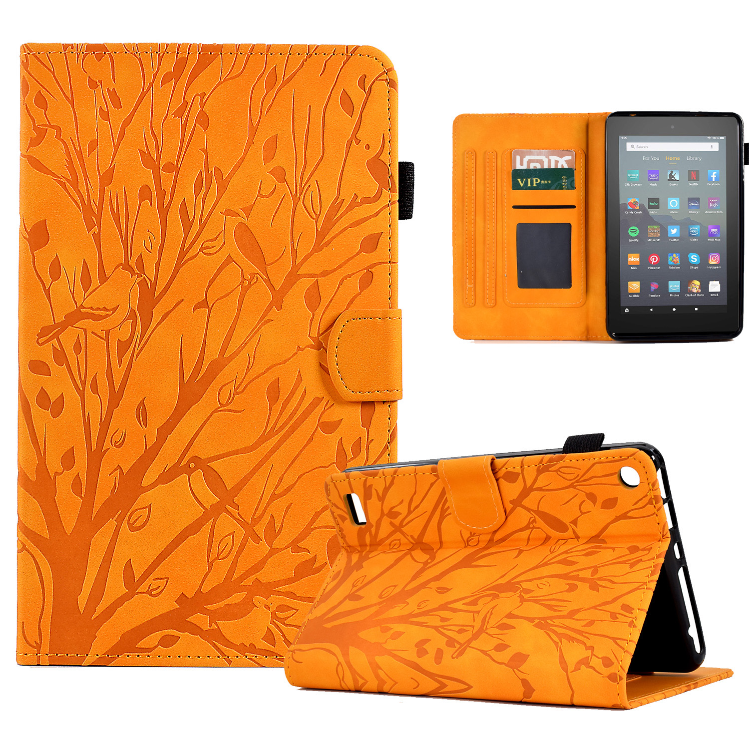 

Für Amazon Fire 7 (2015) /(2017) /(2019) Leder Tablet Cover Stand Card Halter Eingeprägter Baumhülle - Khaki, Amazon Fire 7 2015