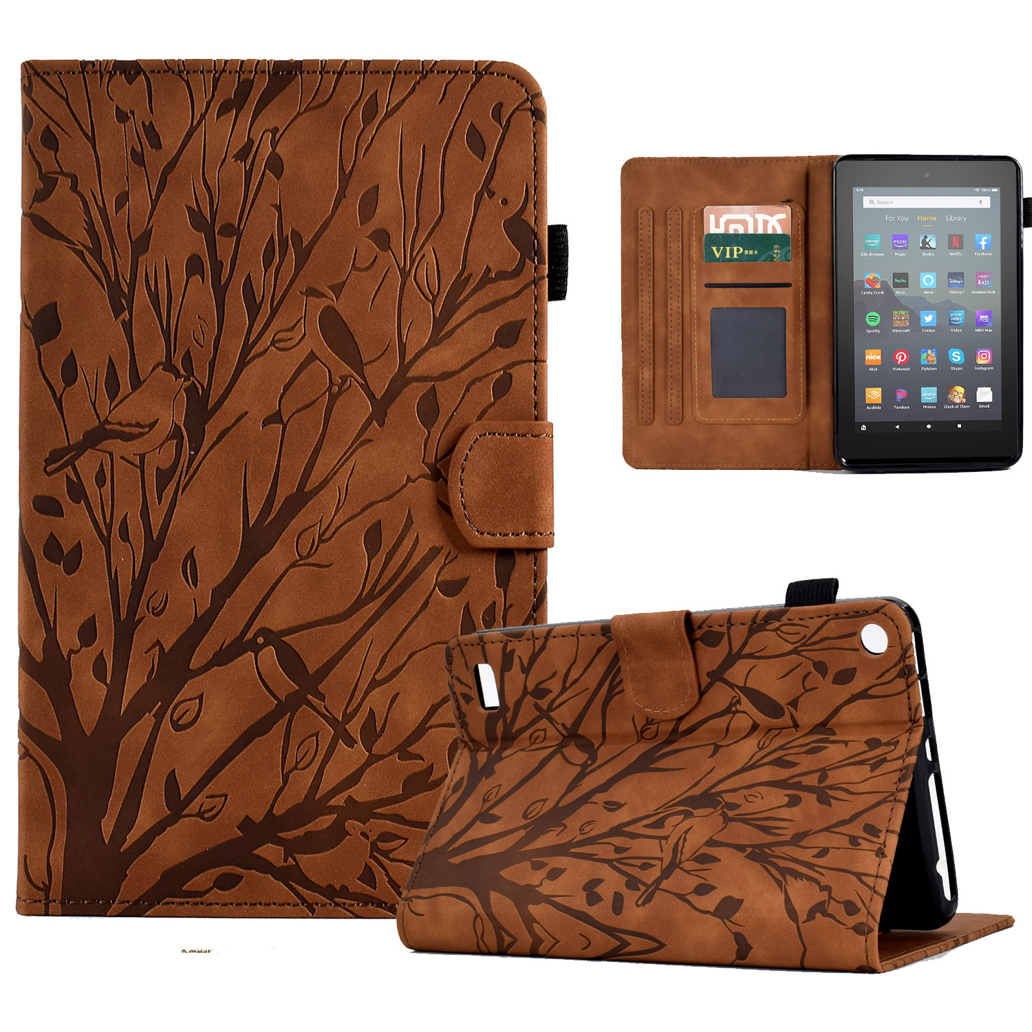 

Für Amazon Fire 7 (2015) /(2017) /(2019) Leder Tablet Cover Stand Card Halter Eingeprägter Baumhülle - Braun, Amazon Fire 7 2015
