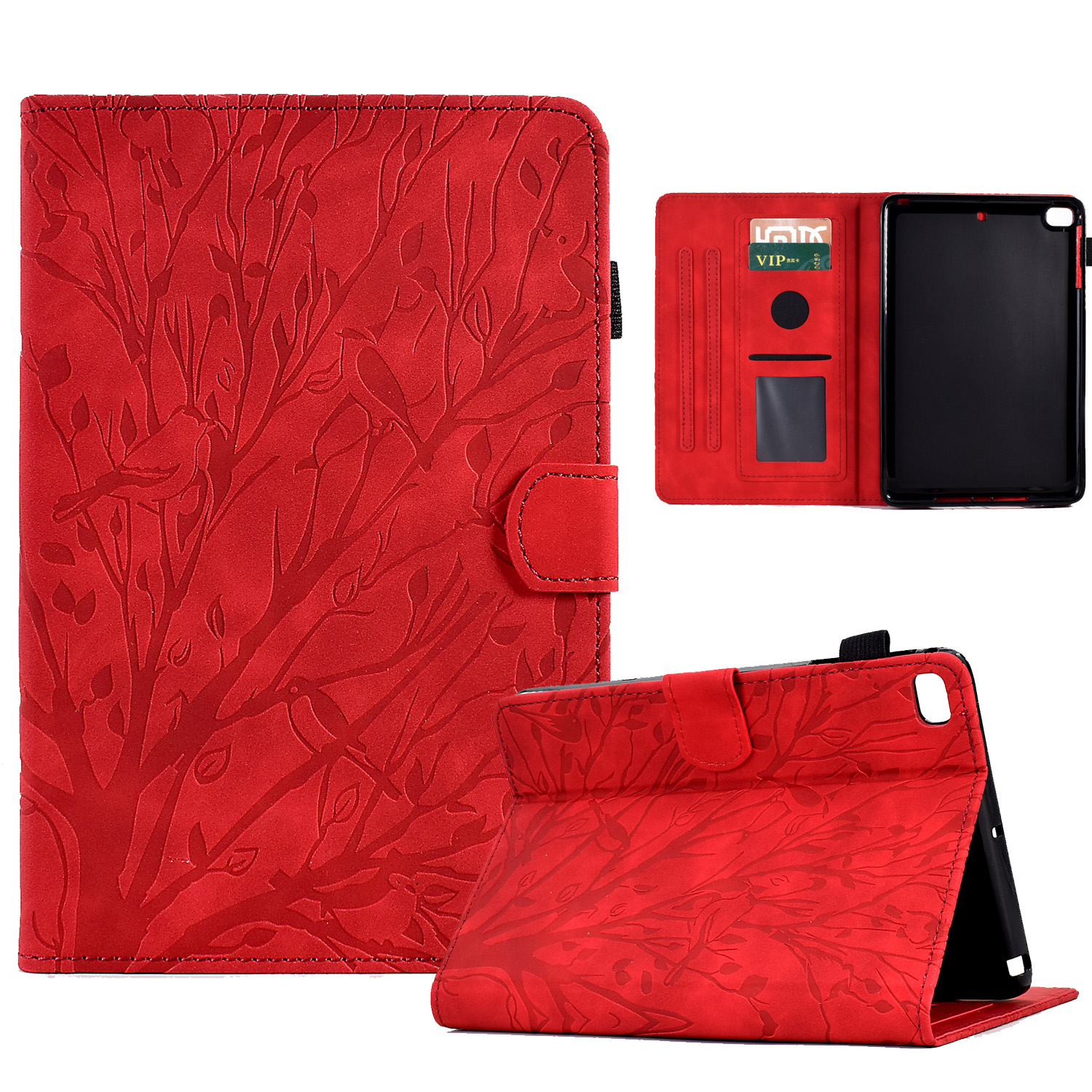 

Für Ipad Air (2013) / Luft 2 / Ipad 9,7-zoll (2017) /(2018) Tablet Leder-hülle Standkarte Eingedruckter Baumabdeckung - Rot, iPad Air (2013)
