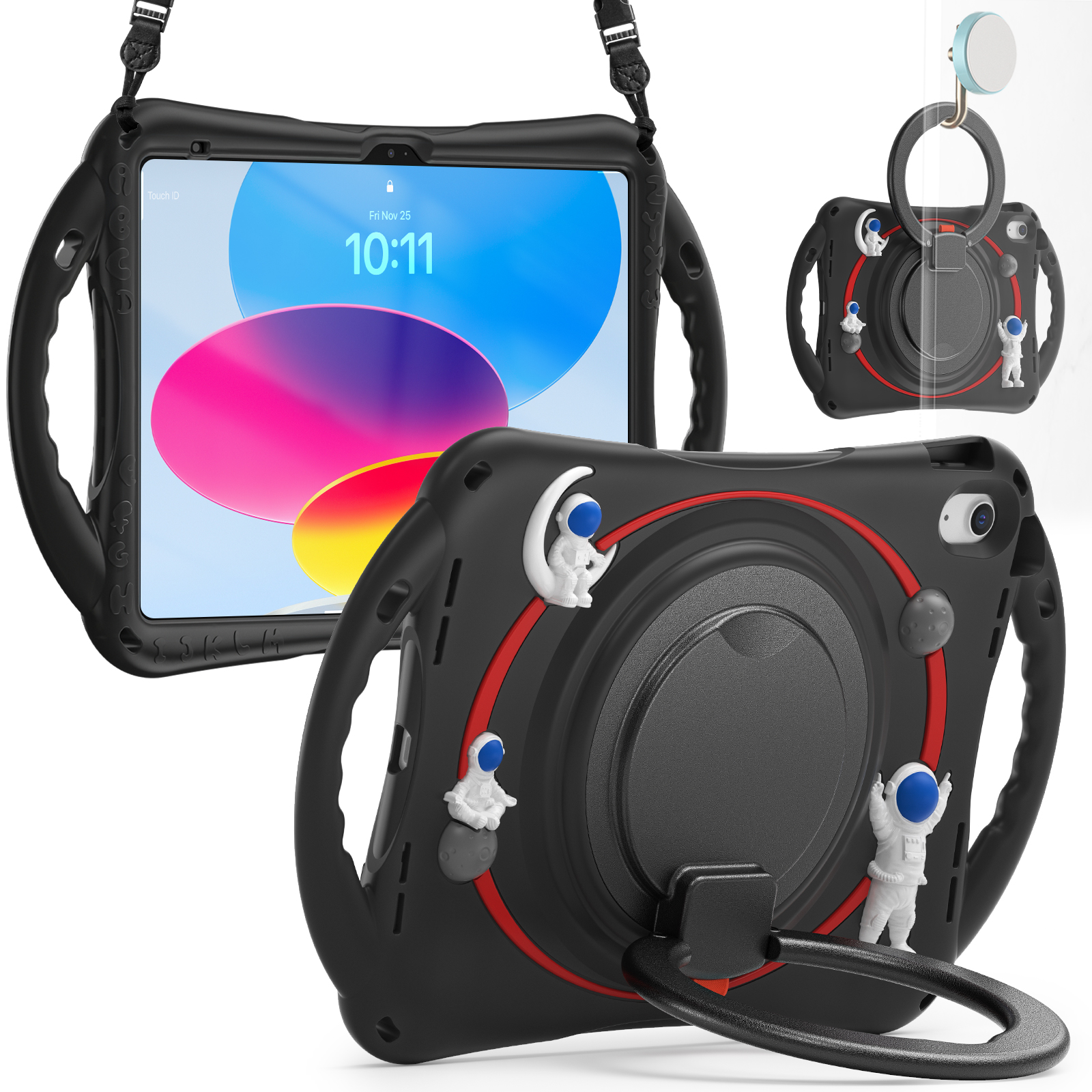 

Für Das Ipad 10.9 (2022) Astronaut Tablet Case Rotierende Kickständer Pc+silikon -schutzabdeckung Mit Bleistifthalter - Schwarz, iPad 10.9 (2022)