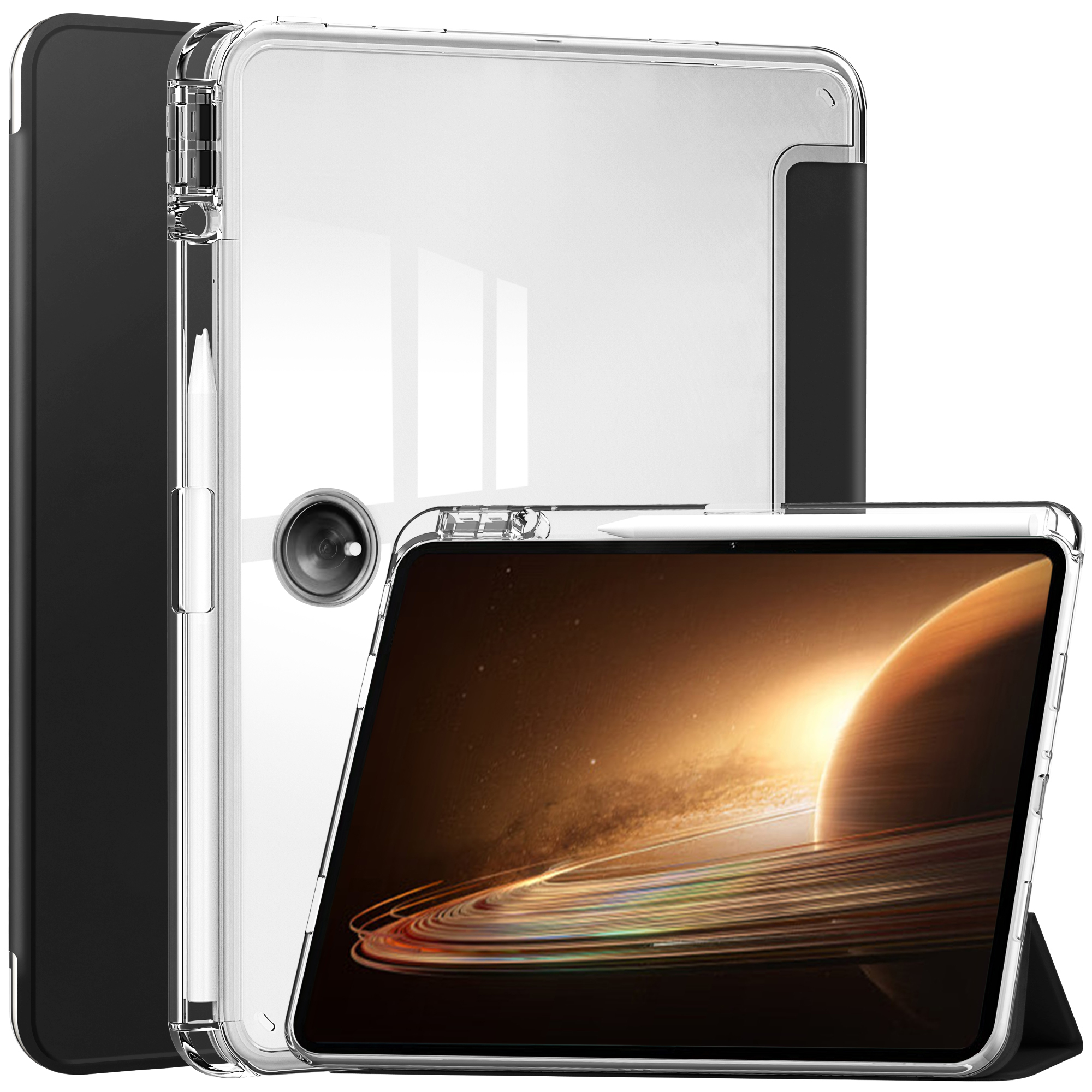 

Für Oppo Pad 2 Clear Tablet Case PU Leder + TPU + Acrylständer Smart Cover Mit Stiftschlitz - Schwarz, Oppo Pad 2