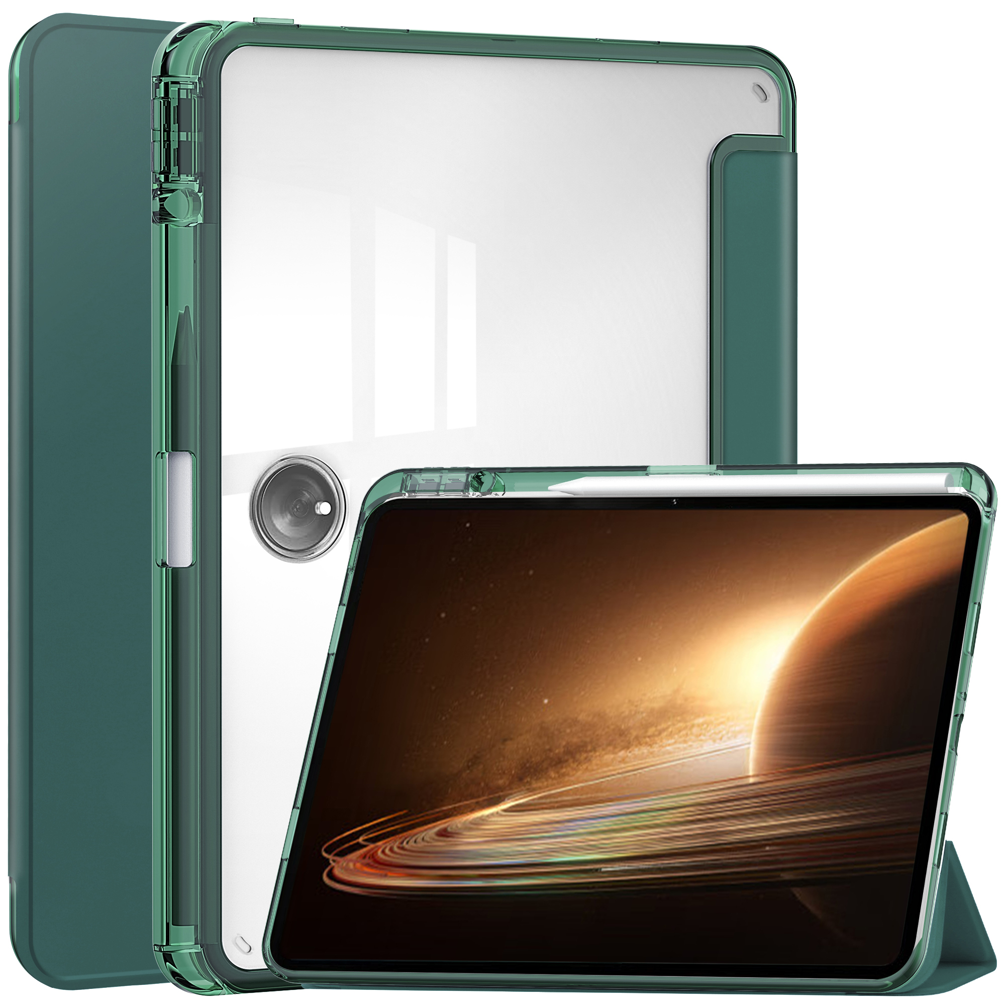 

Für Oppo Pad 2 Clear Tablet Case PU Leder + TPU + Acrylständer Smart Cover Mit Stiftschlitz - Schwarzgrün, Oppo Pad 2