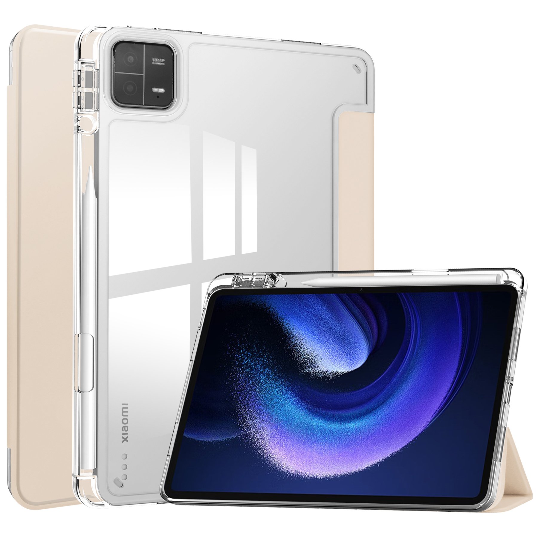 

Für Xiaomi Pad 6 / Pad 6 Pro Ständer Tablet Hülle PU Leder + TPU + Acryl Clear Smart Cover Mit Stiftschlitz - Aprikose, Xiaomi Pad 6