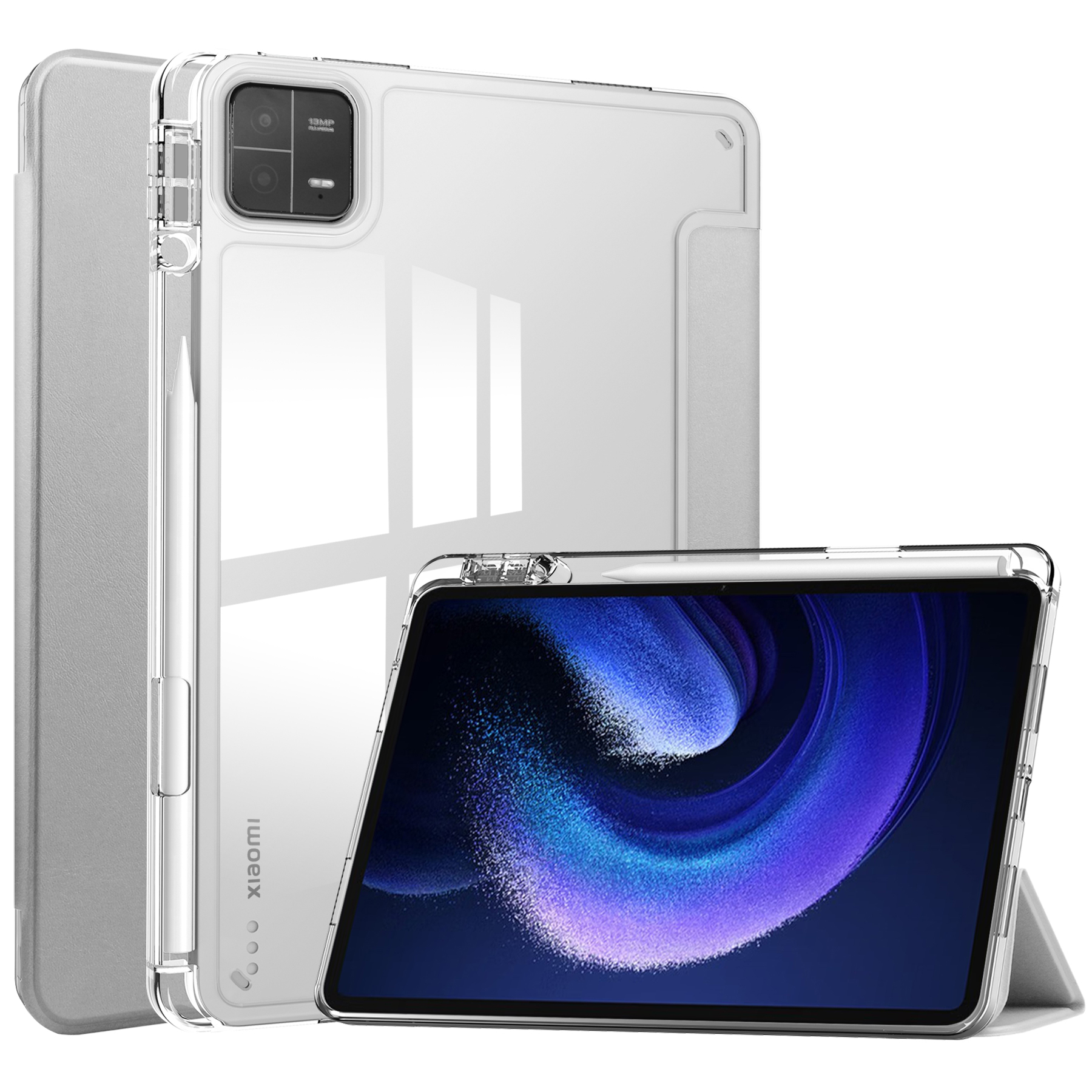 

Für Xiaomi Pad 6 / Pad 6 Pro Ständer Tablet Hülle PU Leder + TPU + Acryl Clear Smart Cover Mit Stiftschlitz - Silber, Xiaomi Pad 6