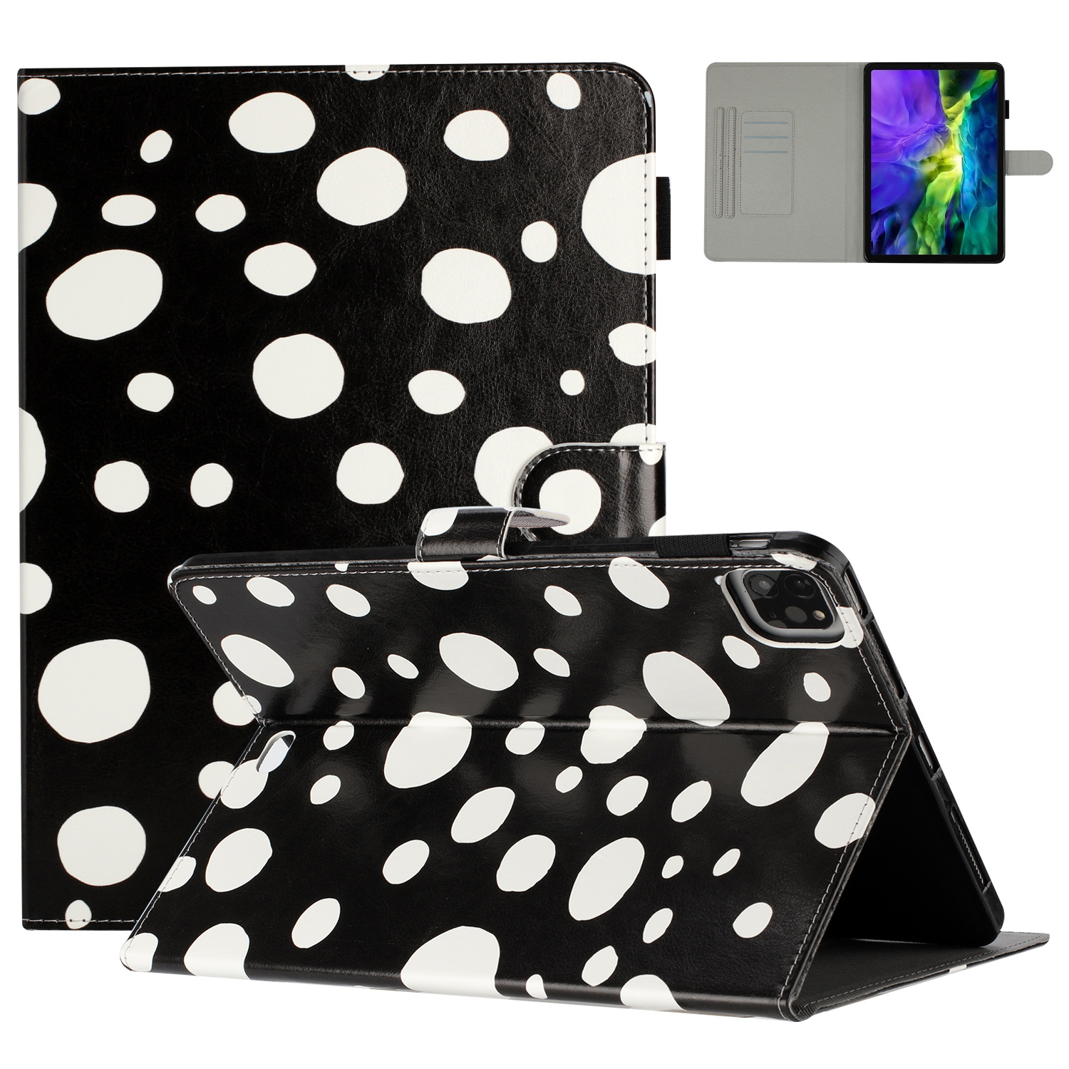 

für ipad pro 11-zoll (2018) /(2020) /(2021) /(2022) / ipad 10.9 (2022) stoßdämpfer hülle dot druck pu leder tablet cover - schwarz / weißer punkt, iPad Air (2022)