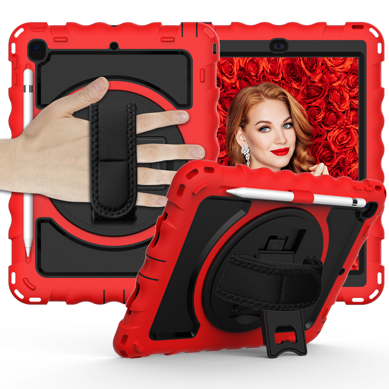 

für ipad pro 9,7 zoll (2016) / ipad 9,7 zoll (2017) /(2018) / ipad air 2 tablet-hülle 360-grad rotierende kickstand-silikon+pc-abdeckung - rot, iPad Pro 9.7 inch (2016)