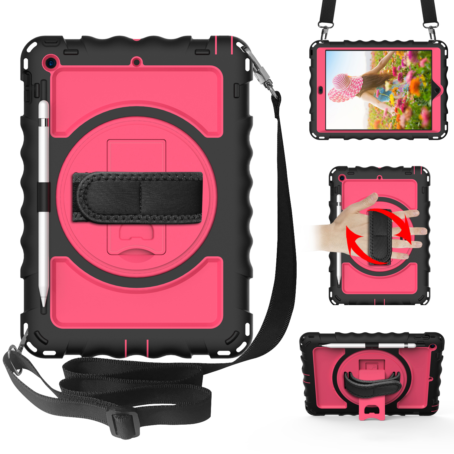 

Rotierende Kickstand -koffer Für Ipad 10.2 (2021) /(2020) /(2019) Silikon+pc -tablet -abdeckung Mit Schultergurt - Schwarz+rose, iPad 10.2 (2021)