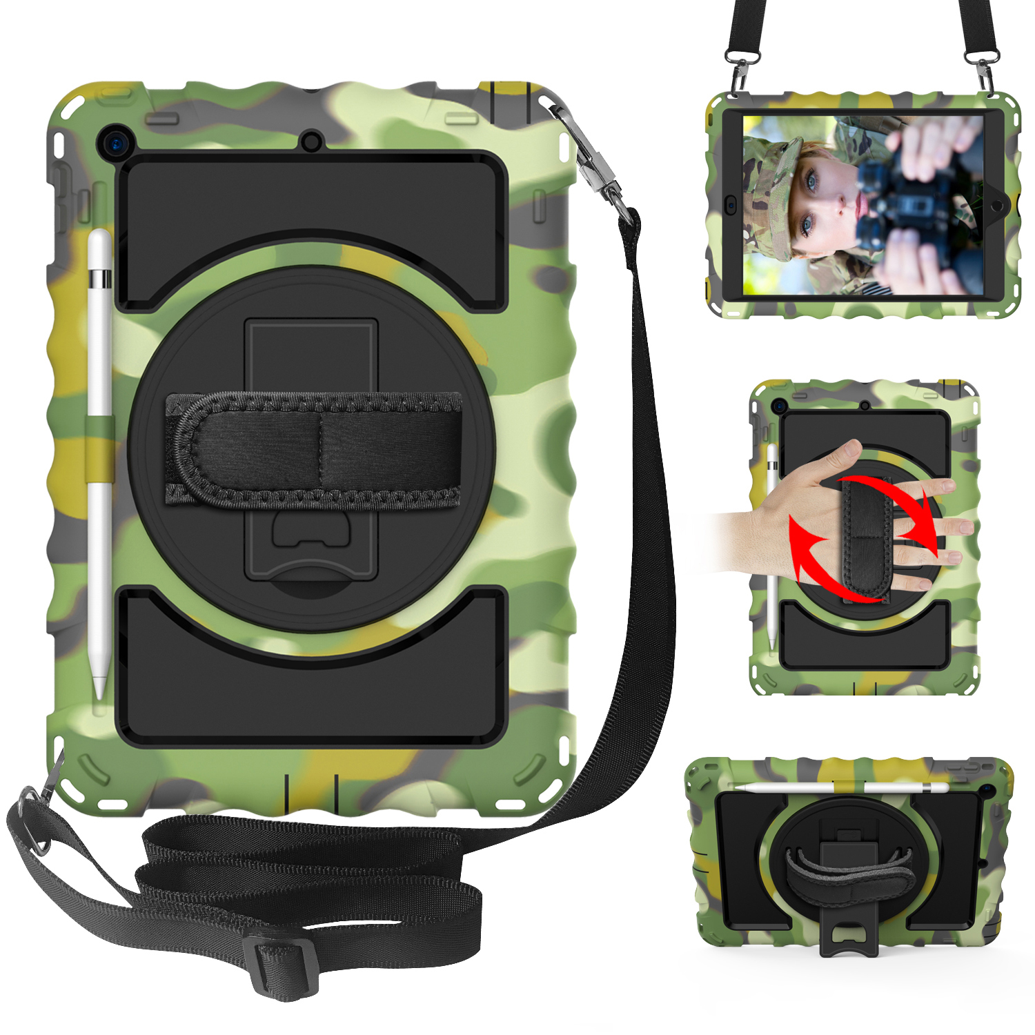 

Rotierende Kickstand -koffer Für Ipad 10.2 (2021) /(2020) /(2019) Silikon+pc -tablet -abdeckung Mit Schultergurt - Tarnung, iPad 10.2 (2021)