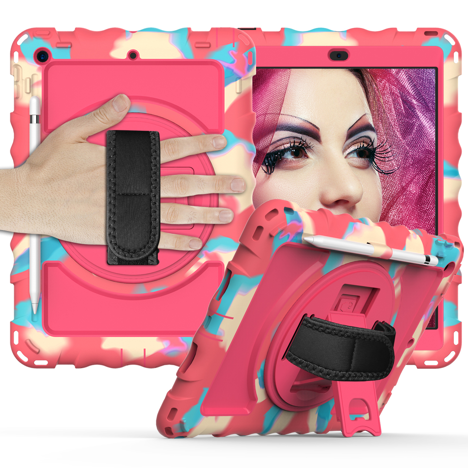 

Silikon+pc -tablet -hülle Für Ipad 10.2 (2021) /(2020) /(2019) Rotierende Kickstand -stoßdämpfer -tablet -tablet -abdeckung - Farbenfroh+rose, iPad 10.2 (2021)