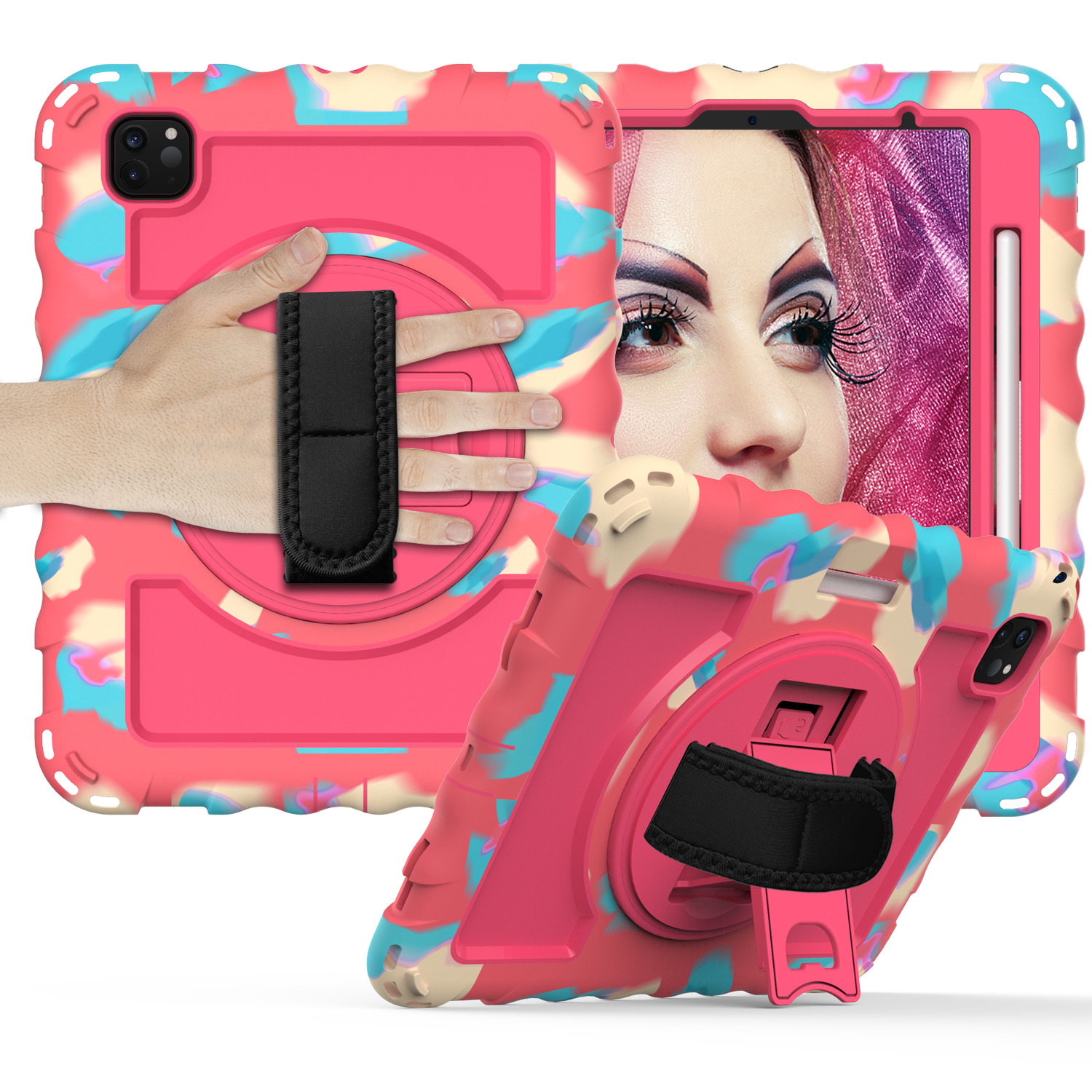 

für ipad pro 11-zoll (2018) /(2020) /(2021) /(2022) / luft (2022) /(2020) rotatable kickstand tablet case silikon+pc -abdeckung - farbenfroh+rose, iPad Pro 11-inch (2018)