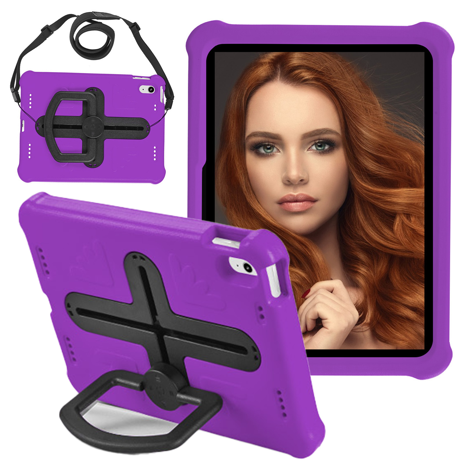 

Für Das Ipad 10.9 (2022) Tablet Protective Case EVA +PC Drehende Kickstandabdeckung Mit Schultergurt - Schwarz+lila, iPad 10.9 (2022)