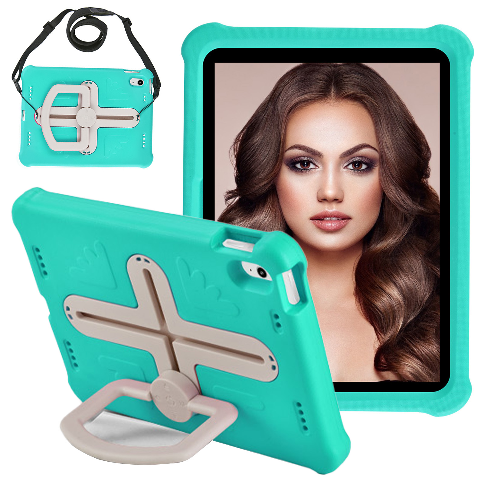 

Für Das Ipad 10.9 (2022) Tablet Protective Case EVA +PC Drehende Kickstandabdeckung Mit Schultergurt - Minzgrün+beige, iPad 10.9 (2022)