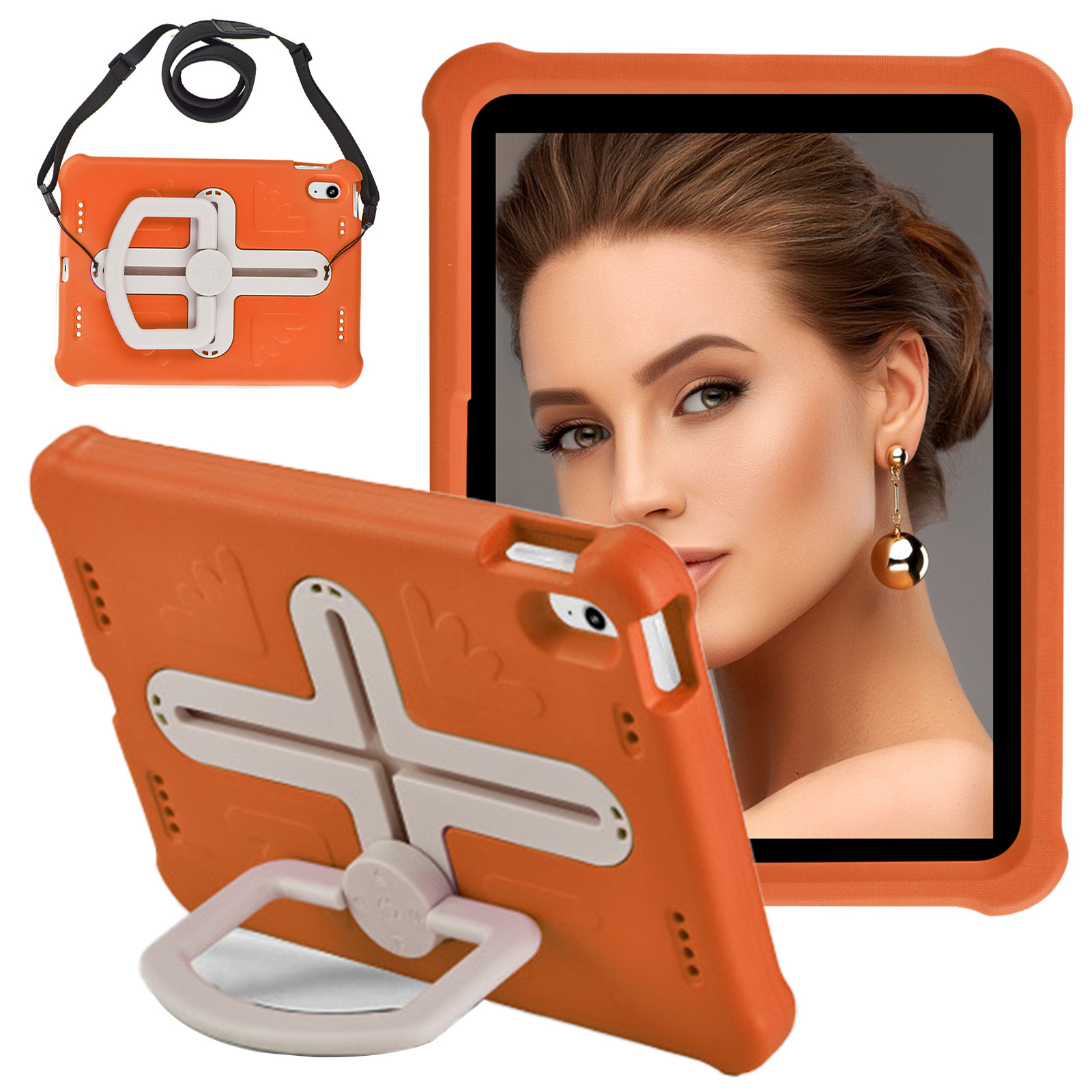 

Für Das Ipad 10.9 (2022) Tablet Protective Case EVA +PC Drehende Kickstandabdeckung Mit Schultergurt - Orange+Beige, iPad 10.9 (2022)