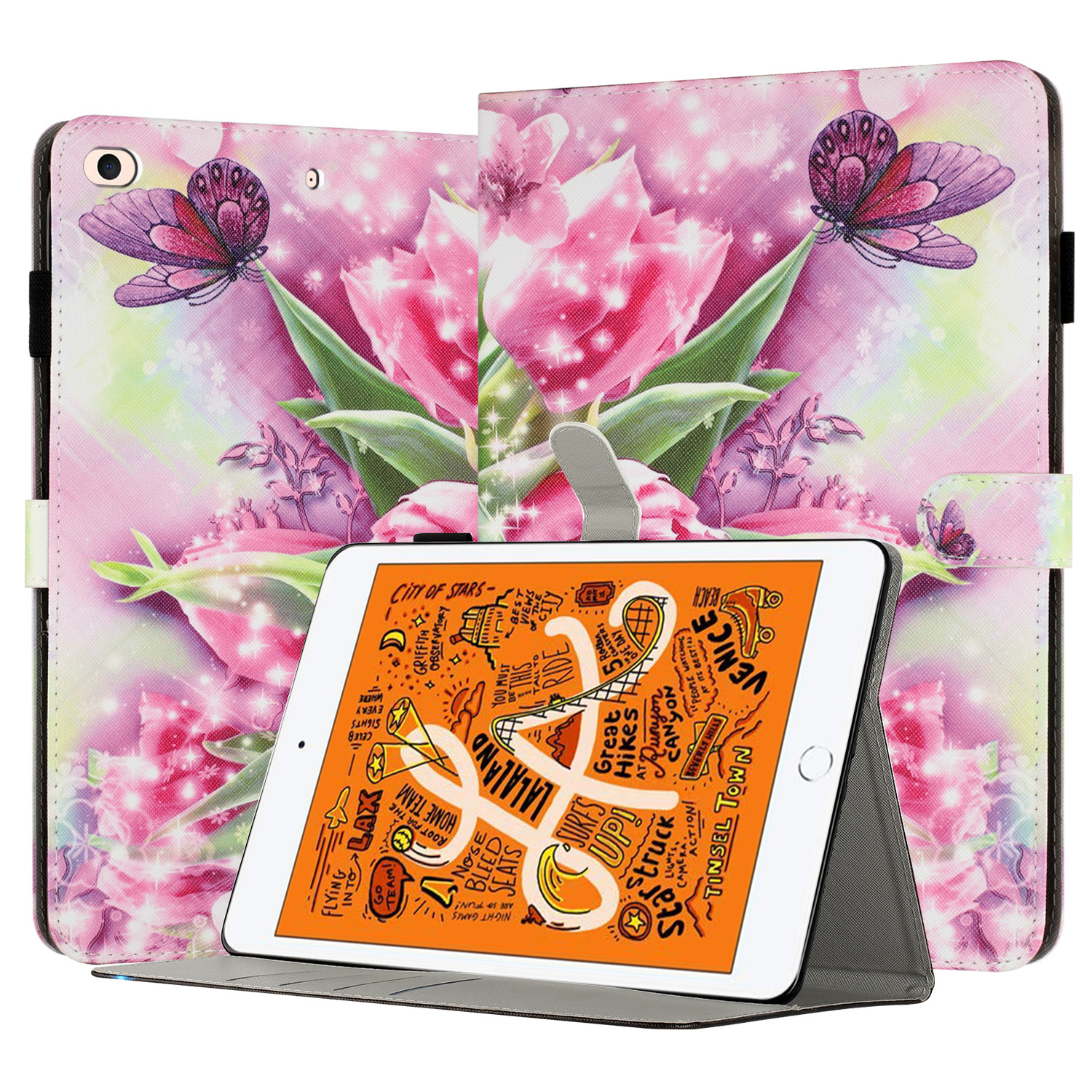 

Für Ipad Mini / Mini 2 / Mini 3 / Mini 4 / Mini (2019) 7,9 Zoll Muster Drucktablette Hülle Anti-drogen-pu-leder-flip-abdeckung - Rosenschmetterling, iPad Mini