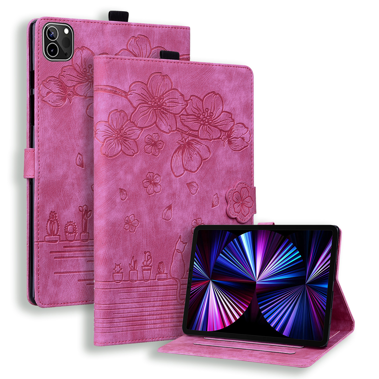 

Für Ipad Pro 12.9 (2022) /(2021) /(2020) Kartenhalter PU Lederständer Tablettenabdeckung Eingeprallter Blumenkatzentablette Hülle - Rose, iPad Pro 12.9 (2020)
