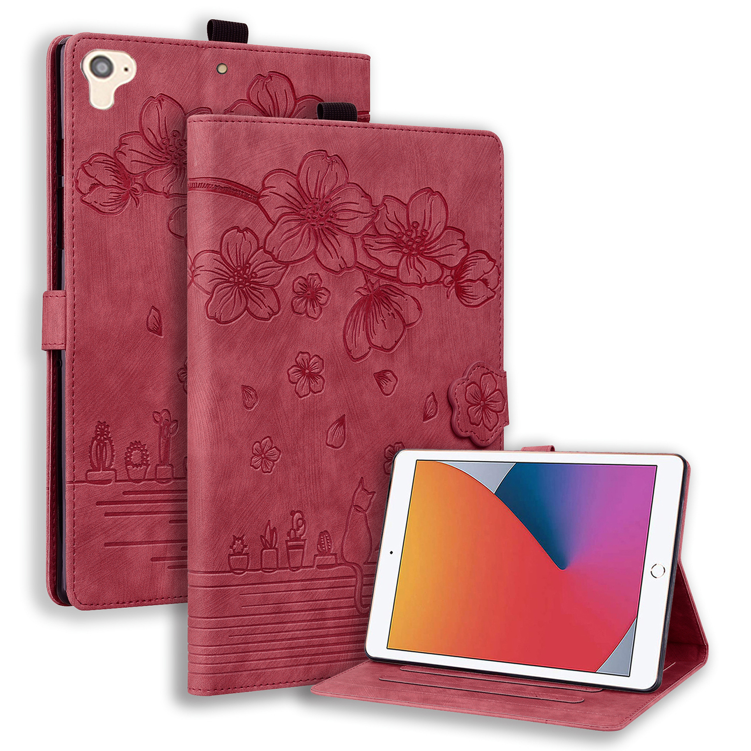 

Für Das Ipad 9,7-zoll (2017) /(2018) Kartenschlitze Stand Tablet Hülle Gedruckte Blumentafel Lederabdeckung - Weinrot, iPad 9.7-inch (2017)