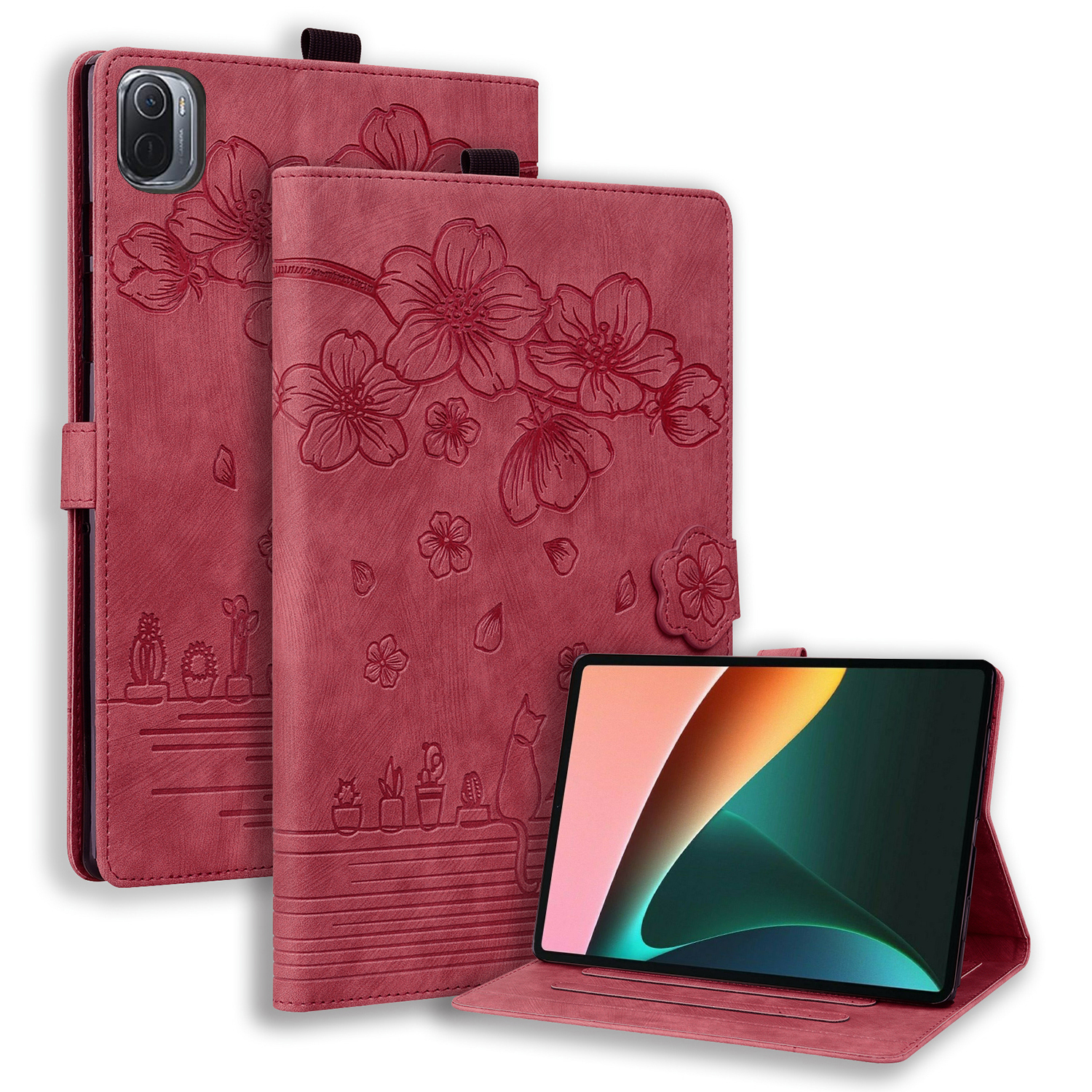 

Für Xiaomi Pad 5 / Pad 5 Pro Kartenhalter Tablet Hülle Geprägte Blumenkatze PU Lederständer Tablettenabdeckung - Weinrot, Xiaomi Pad 5