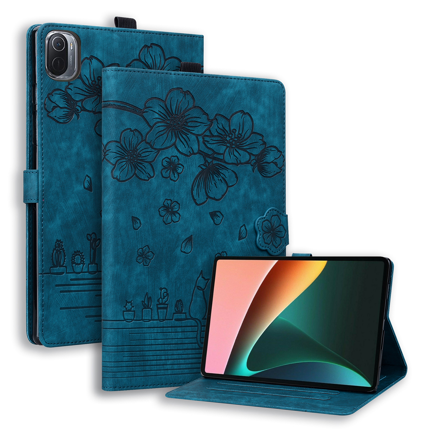 

Für Xiaomi Pad 5 / Pad 5 Pro Kartenhalter Tablet Hülle Geprägte Blumenkatze PU Lederständer Tablettenabdeckung - Saphir, Xiaomi Pad 5