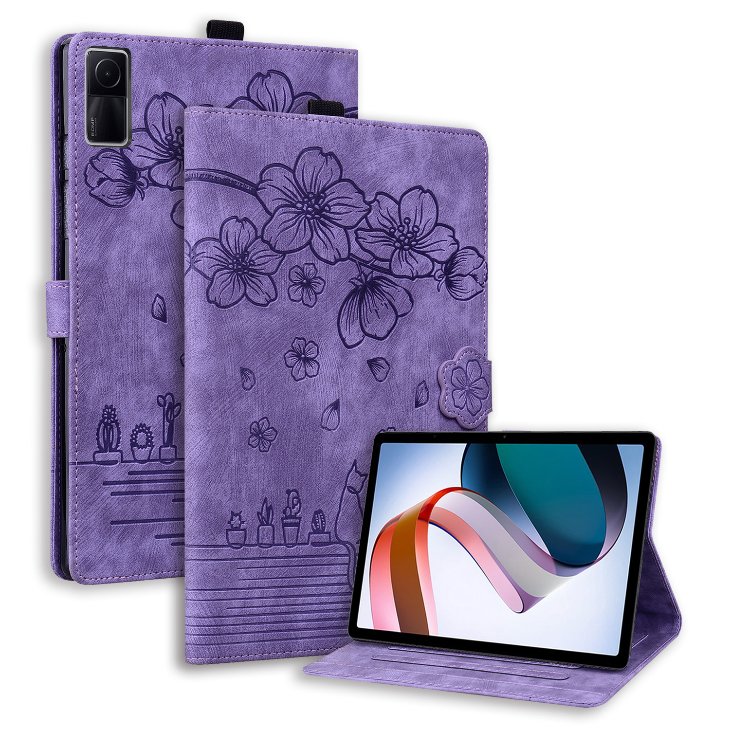 

Gedruckte Blumenkatzentablette Hülle Für Xiaomi Redmi Pad, Kartenhalter PU Leder -tablet -abdeckung - Lila, Xiaomi Redmi Pad