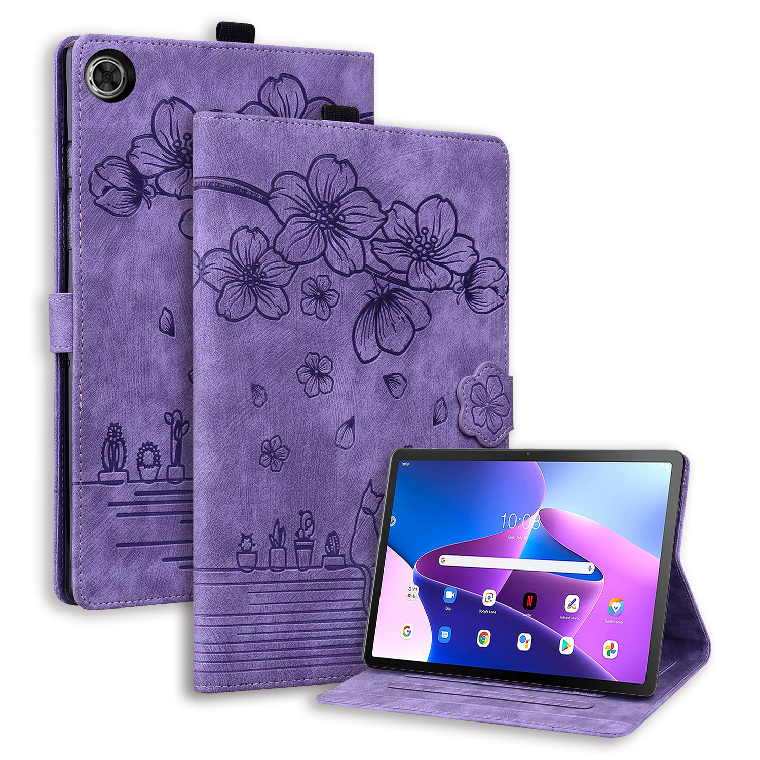 

Für Lenovo Tab M10 Plus (3. Generation) Kartenhalter Leder Tablet Hülle Eingeprägte Blumenkatze Ständer Cover - Lila, Lenovo Tab M10 Plus (3rd Gen)