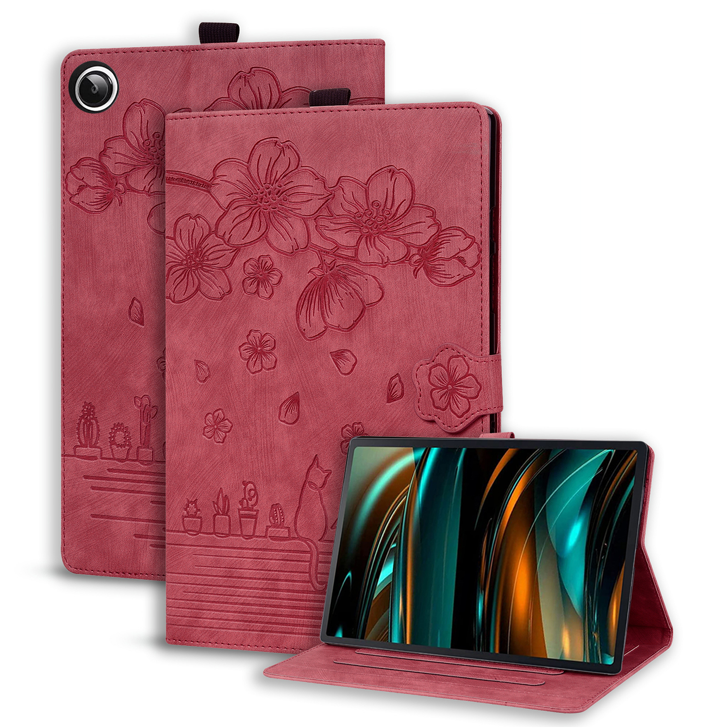 

Für Samsung Galaxy Tab A8 10.5 (2021) /(2022) Kartenhalter Tablette Lederhülle Gedruckter Blumenkatzentablettenabdeckung - Weinrot, Galaxy Tab A8 10.5 (2021)