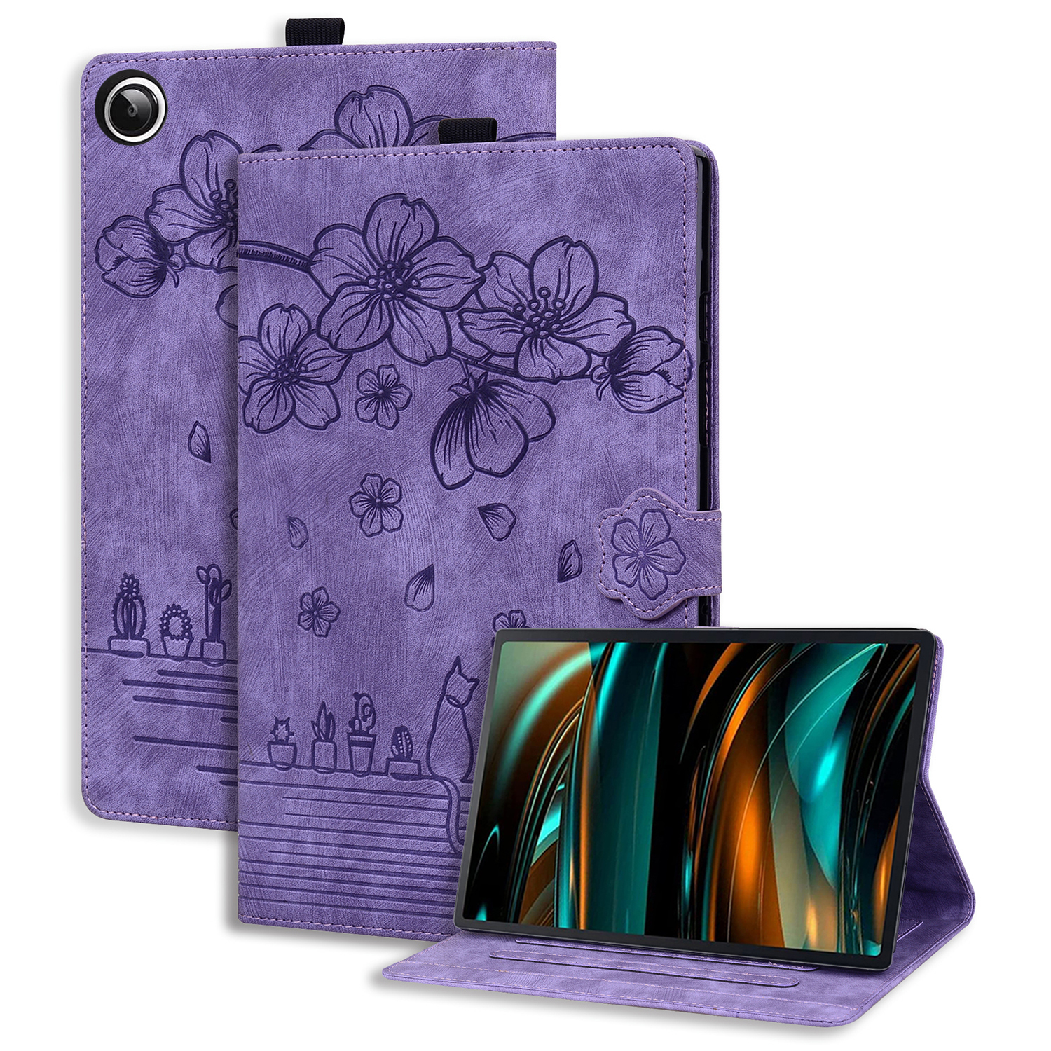 

Für Samsung Galaxy Tab A8 10.5 (2021) /(2022) Kartenhalter Tablette Lederhülle Gedruckter Blumenkatzentablettenabdeckung - Lila, Galaxy Tab A8 10.5 (2021)