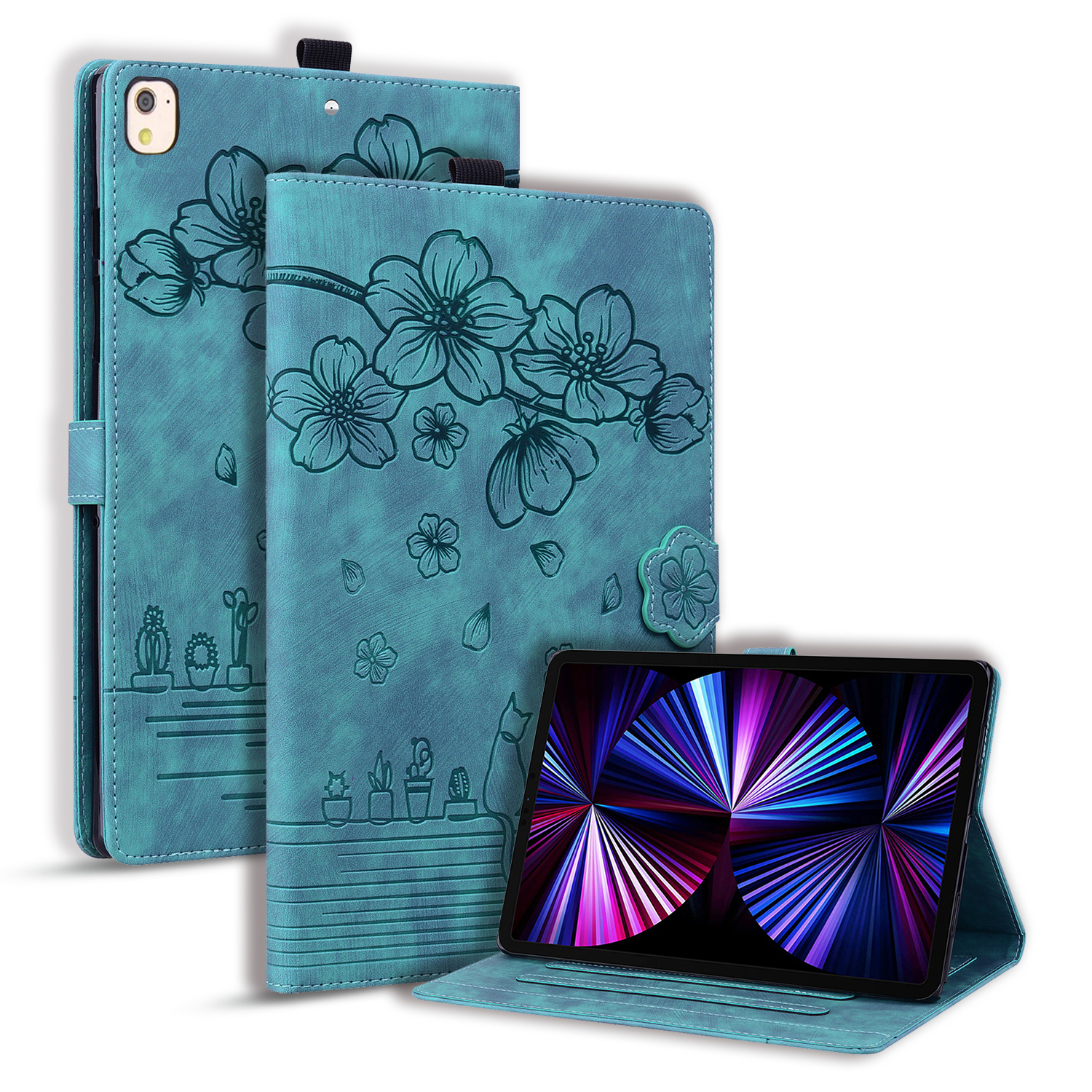 

für ipad 10.2 (2021) /(2019) /(2020) / ipad air 10.5 zoll (2019) / ipad pro 10,5-zoll (2017) lederabdeckung blumenkatze geprägte tablet-hülle - grün, iPad 10.2 (2021)