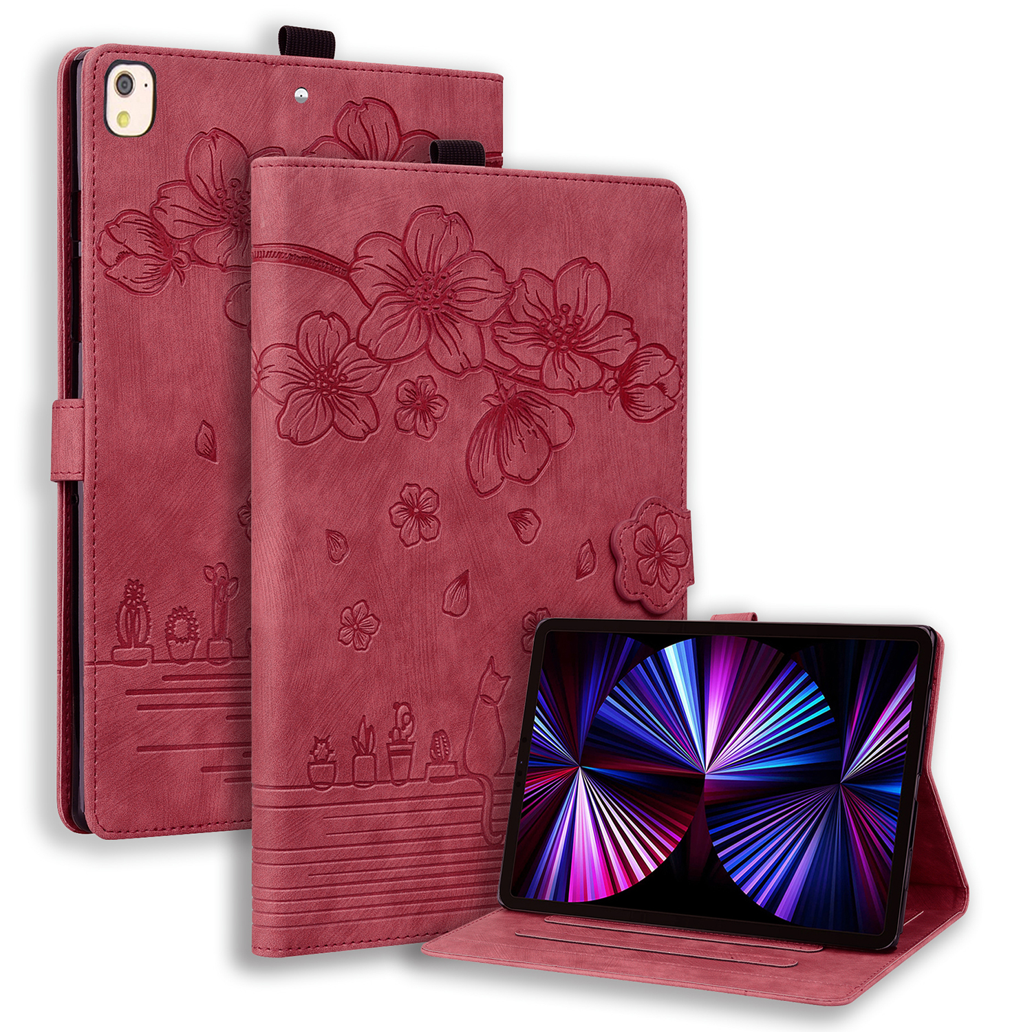 For iPad 10.2 (2021) / (2019) / (2020) / iPad Air 10.5 inch (2019) / iPad Pro 10.5-inch (2017) Leather Cover Flower Cat Imprinted Tablet Case - Wine R