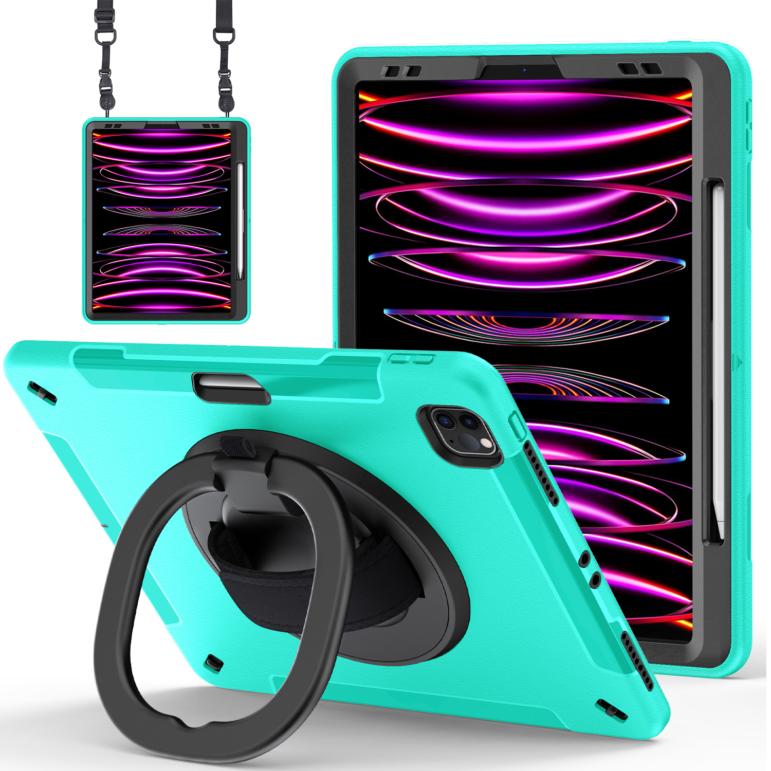 

PC+TPU -tablet -hülle Für Ipad Pro 12.9 (2018) /(2020) /(2021) /(2022), Kickstandabdeckung Mit Stiftschlitz, Schultergurt - Smaragdgrün, iPad Pro 12.9-inch (2018)