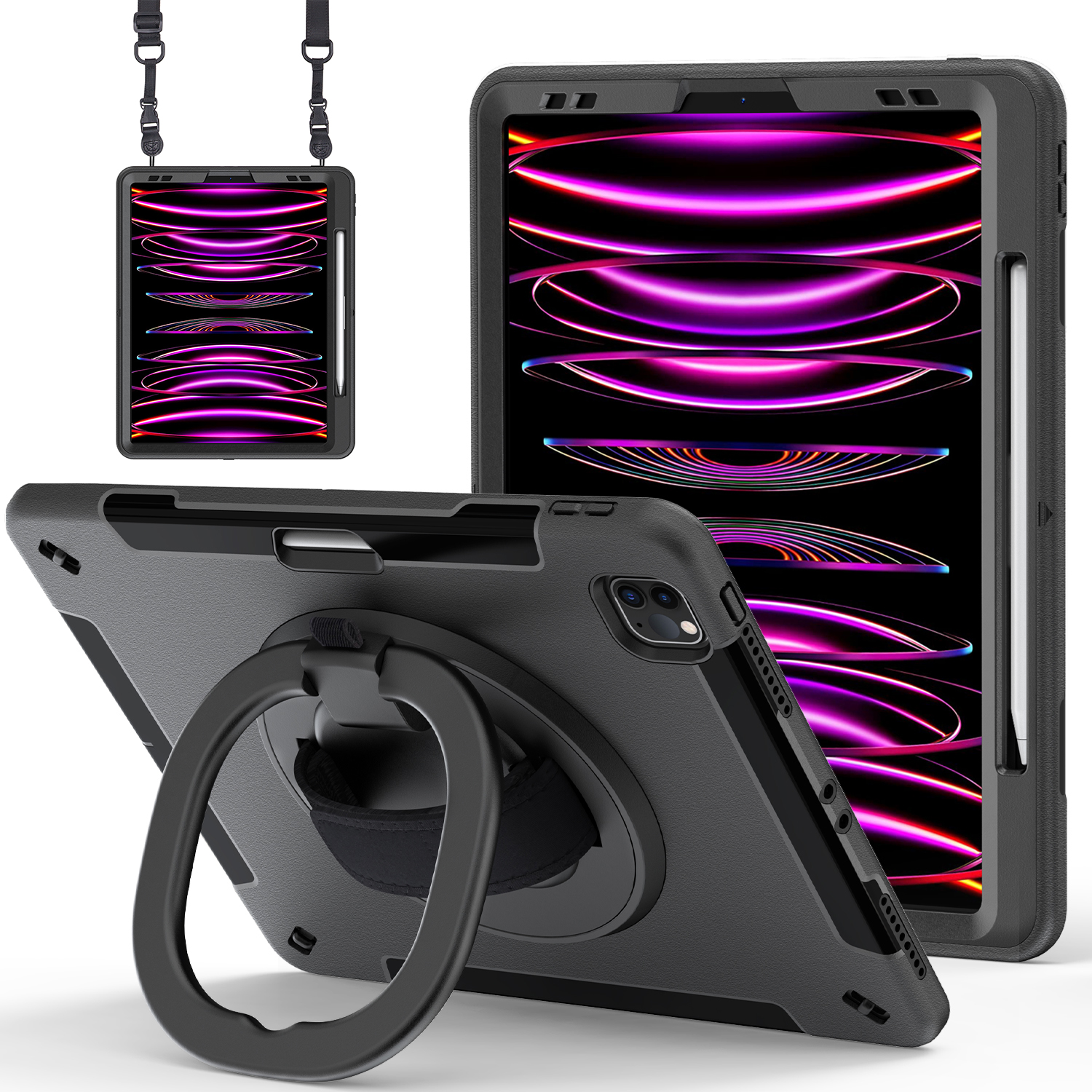 

pc+tpu -tablet -hülle für ipad pro 12.9 (2018) /(2020) /(2021) /(2022), kickstandabdeckung mit stiftschlitz, schultergurt - schwarz, iPad Pro 12.9-inch (2018)