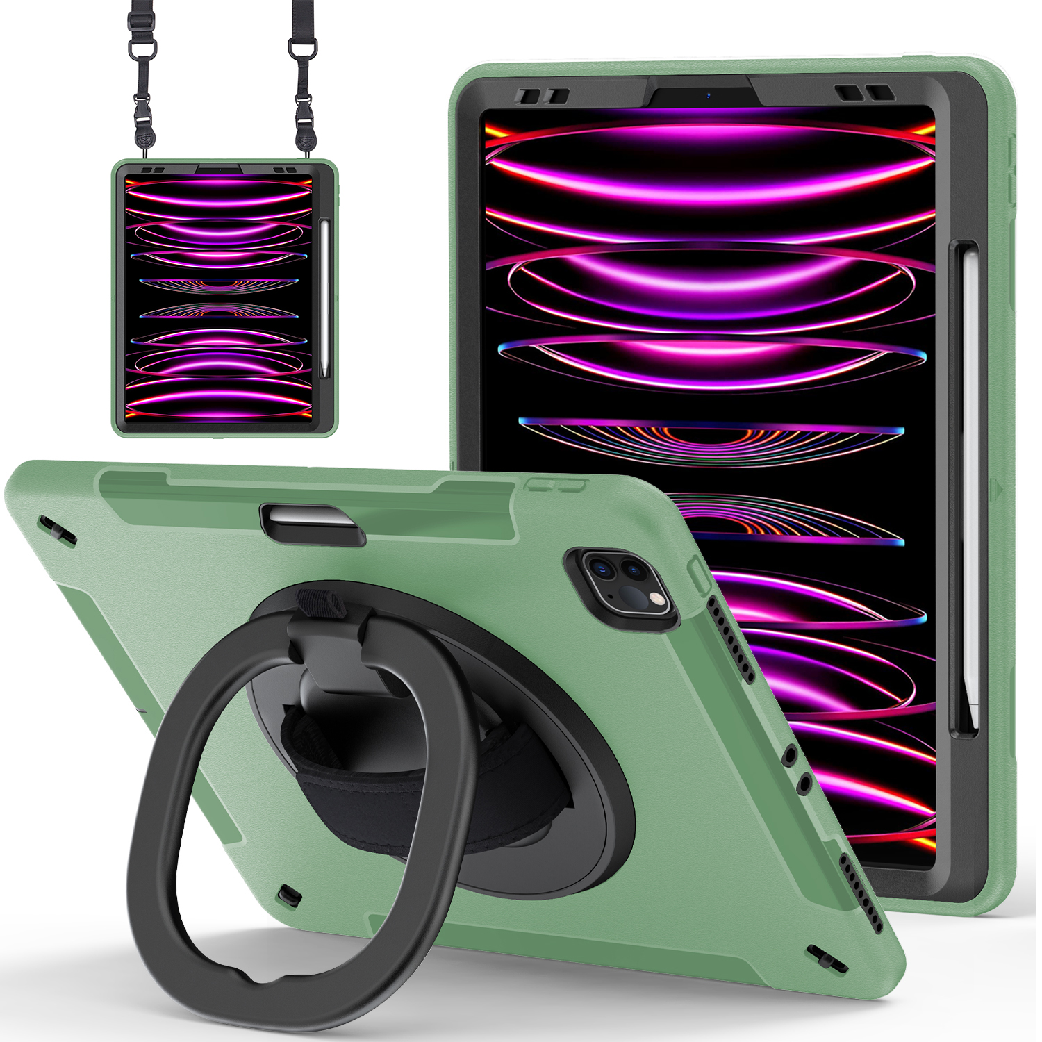

PC+TPU -tablet -hülle Für Ipad Pro 12.9 (2018) /(2020) /(2021) /(2022), Kickstandabdeckung Mit Stiftschlitz, Schultergurt - Armeegrün, iPad Pro 12.9-inch (2018)
