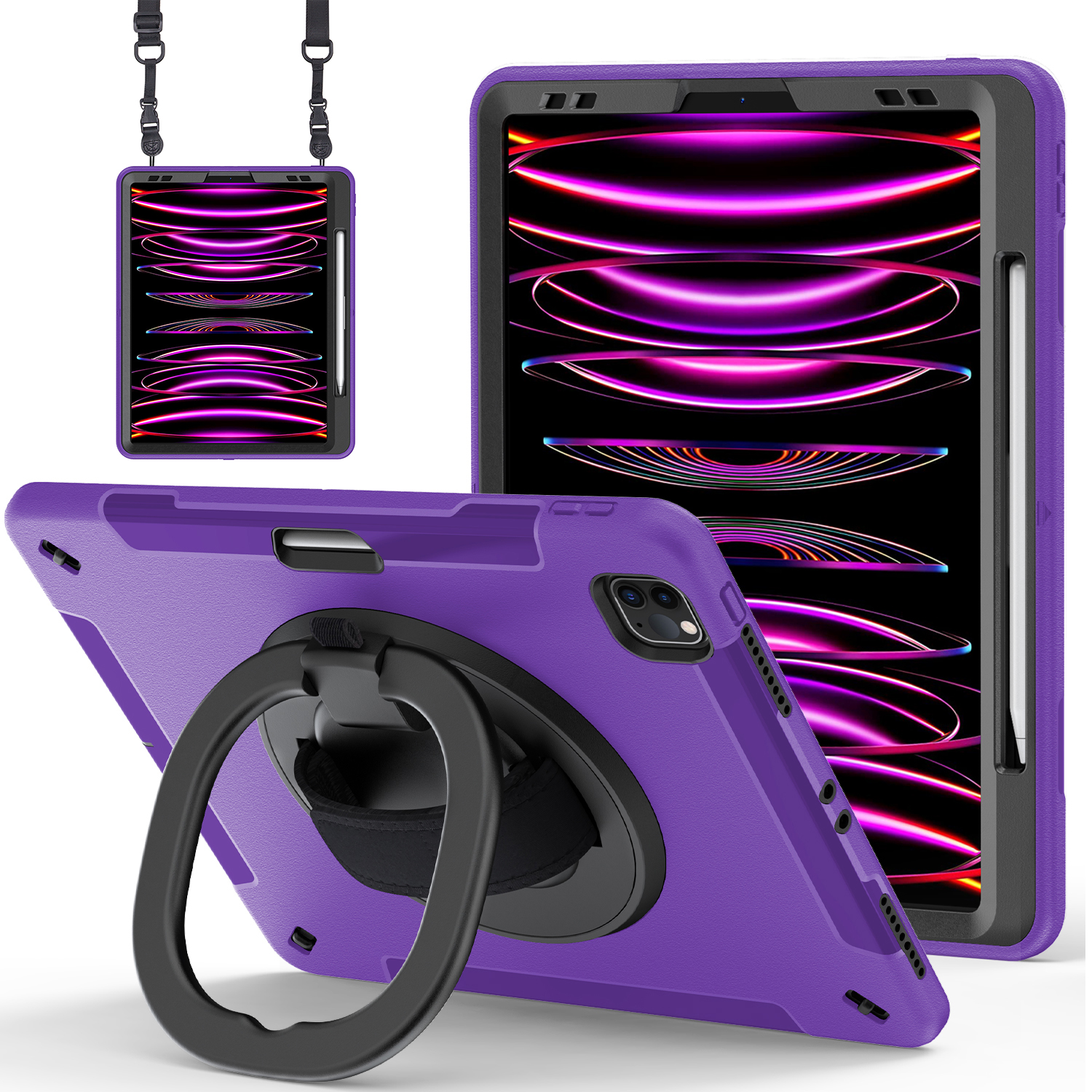 

pc+tpu -tablet -hülle für ipad pro 12.9 (2018) /(2020) /(2021) /(2022), kickstandabdeckung mit stiftschlitz, schultergurt - lila, iPad Pro 12.9-inch (2018)