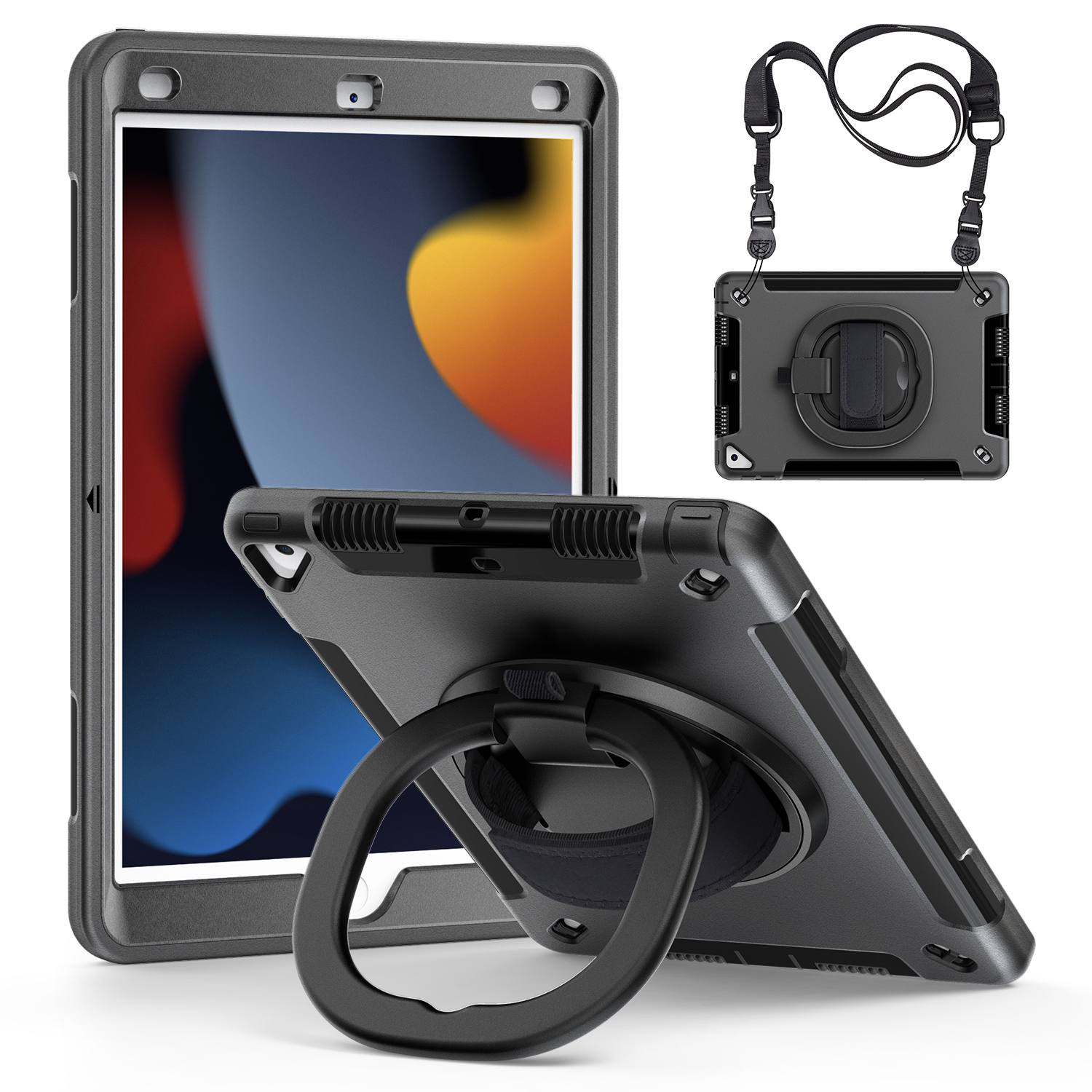 

Schutzfall Für Ipad 10.2 (2019) /(2020) /(2021) PC+TPU -kickstand -tablet -tablet -abdeckung Mit PET -bildschirmschutz / Schulterriemen - Schwarz, iPad 10.2 (2019)
