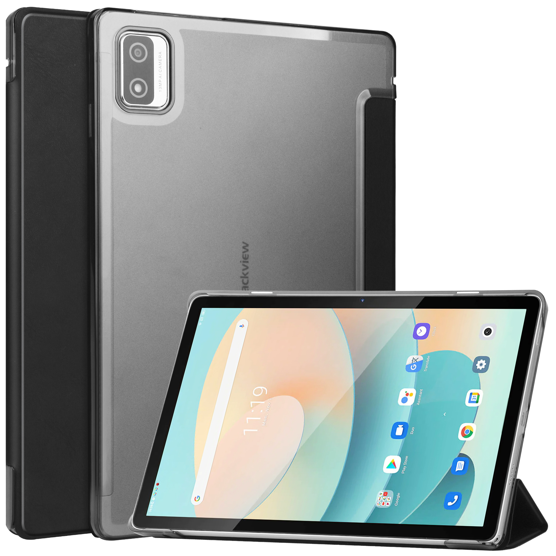 

Für Blackview Tab 12 / Tab 12 Pro Tri-fold Stand Tablet Hülle PU Leder Transucent Matte PC Tablet Cover - Schwarz, Blackview Tab 12
