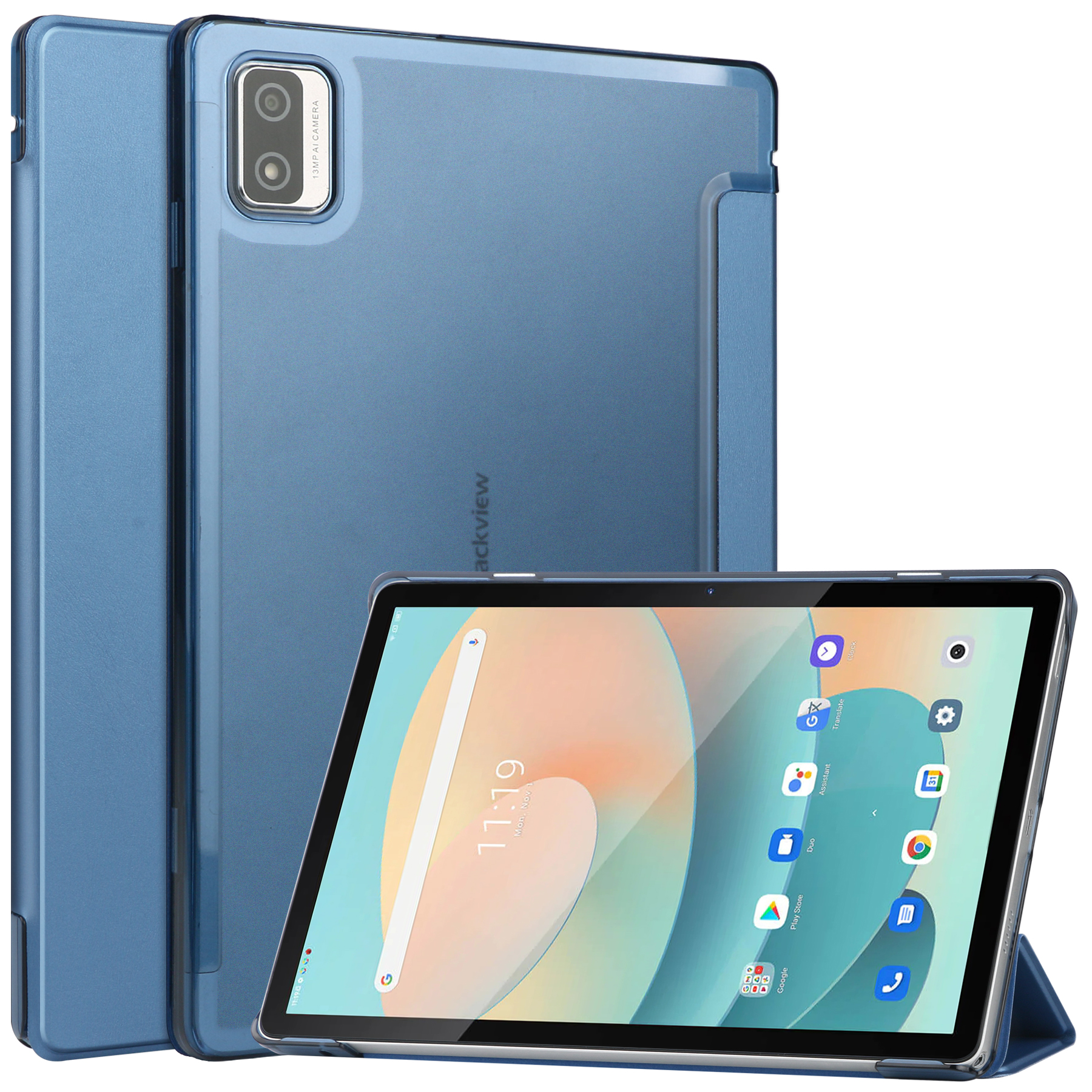 

Für Blackview Tab 12 / Tab 12 Pro Tri-fold Stand Tablet Hülle PU Leder Transucent Matte PC Tablet Cover - Blau, Blackview Tab 12