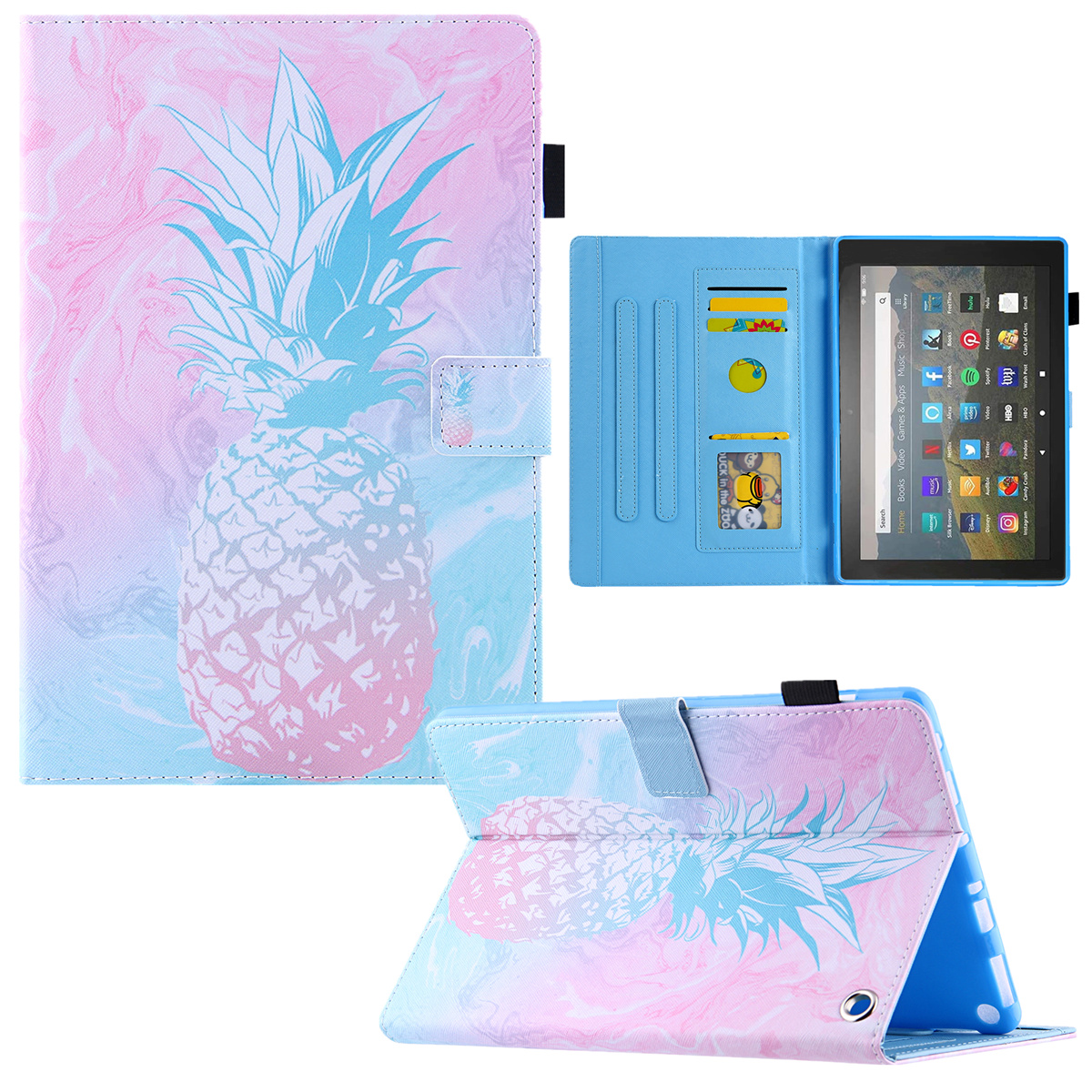 

Für Amazon Fire Max 11 Schockdosenkoffer Muster Drucktablette Hülle Kartenschlitz PU -lederabdeckung Mit Ständer - Blaue Rosa Ananas, Amazon Fire Max 11