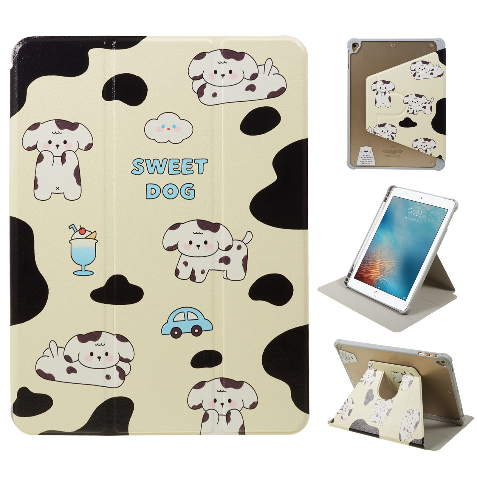 

Für Ipad 9,7-zoll (2017) /(2018) / Ipad Pro 9,7 -zoll (2016) Druckkoffer PU Leder -tablet -abdeckung Mit Bleistiftschlitz - Schwarz / Weißer Hund, iPad 9.7-inch (2017)